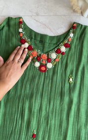 Chandrika Katha Work Mul Chanderi Dress- Green (Make to Order)