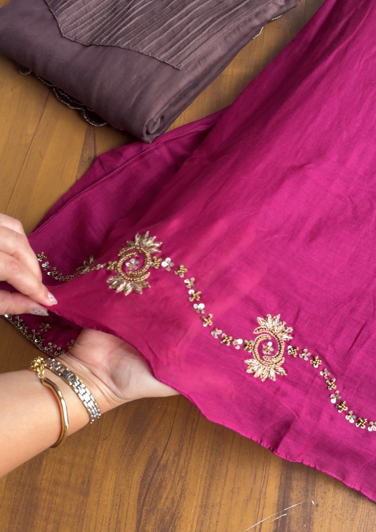 Dimple Pleated Yoke Aline Hand Work Dress- Wine💞