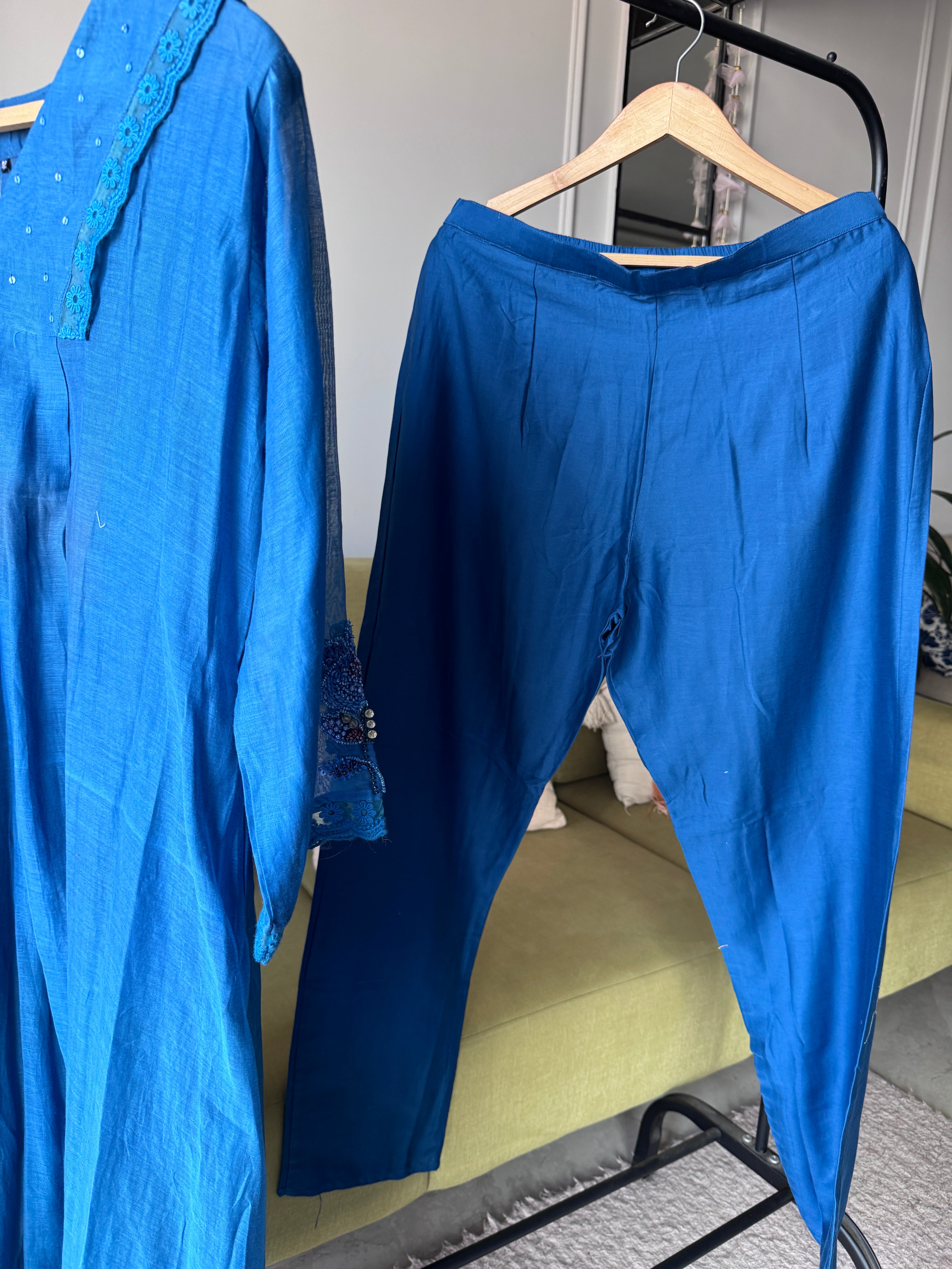 Vidhi Aline embroidered hand work sleeve mul Chanderi dress(Preorder 10 days)- Blue