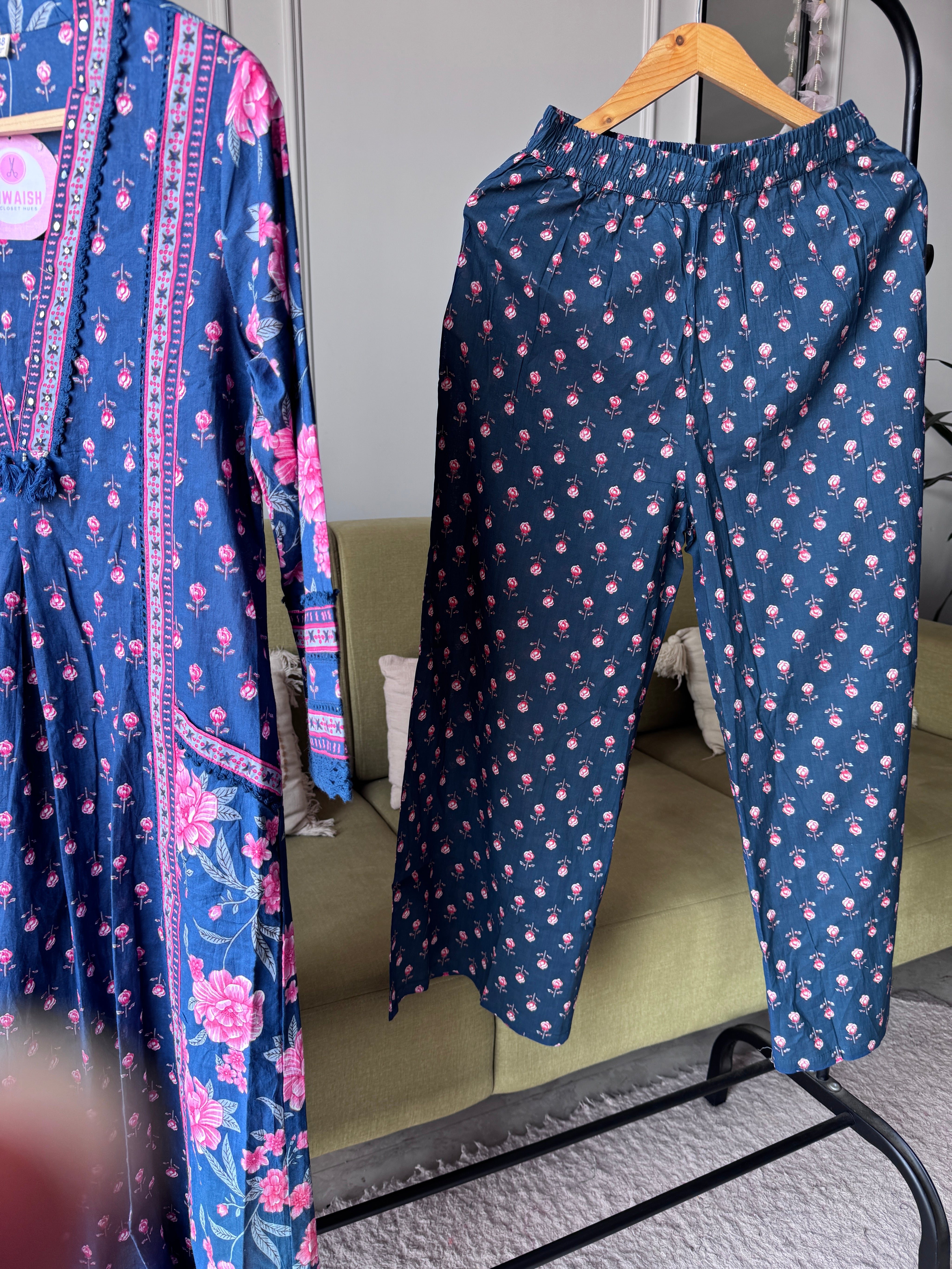 Suman Floral Print Cotton Dress-Blue