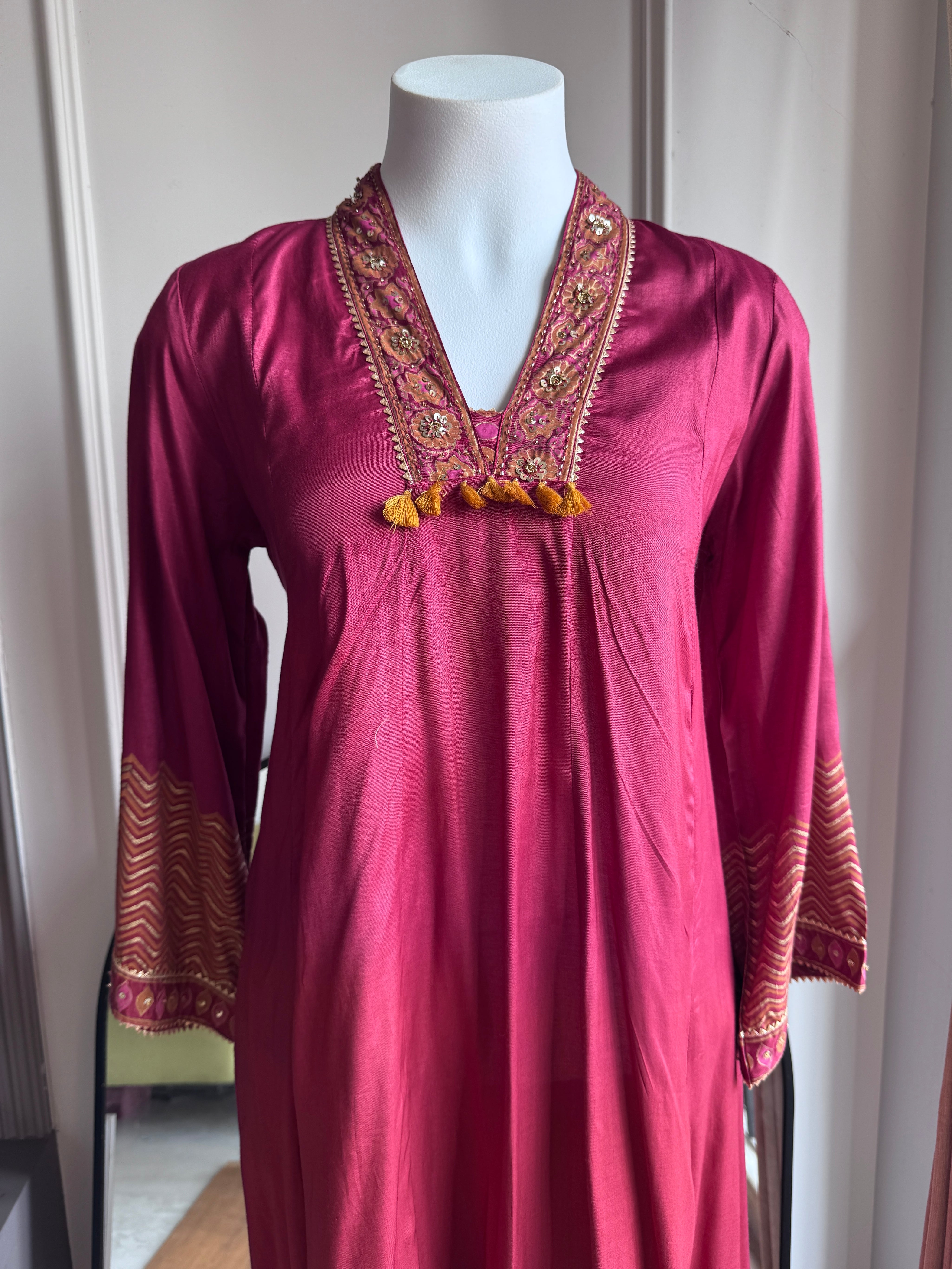 Asifa Patchwork Muslin  Dress- Maroon
