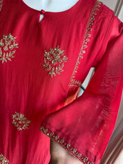 Yukti Striped Tissue with Mul Chanderi Dress- Rust