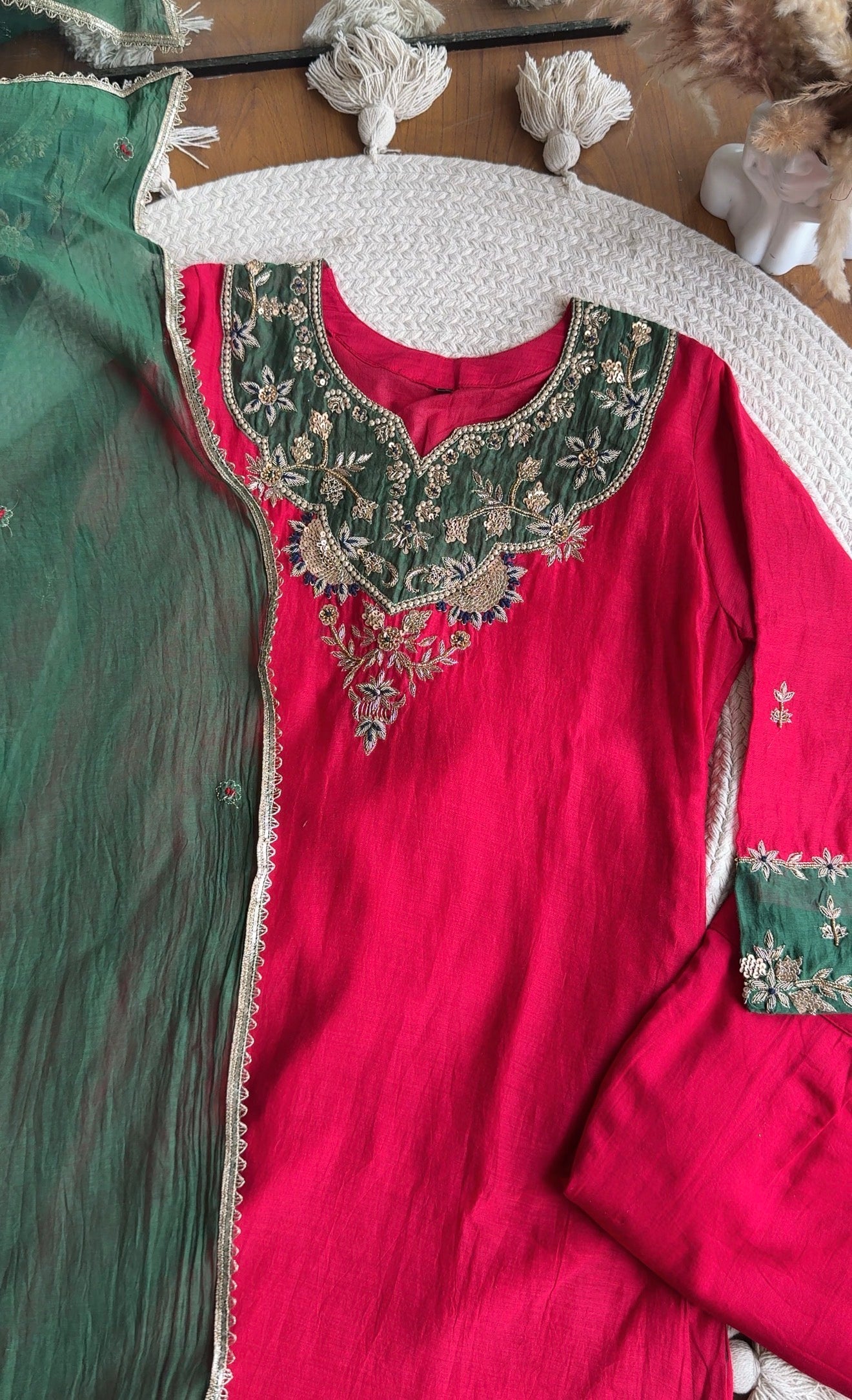 Moksha Mul Chanderi Handwork Dress- Red