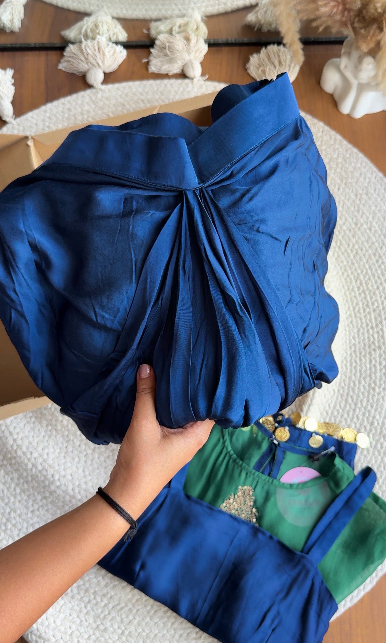 Usha Peacock Handwork Skirt Drape Set- Blue with Green