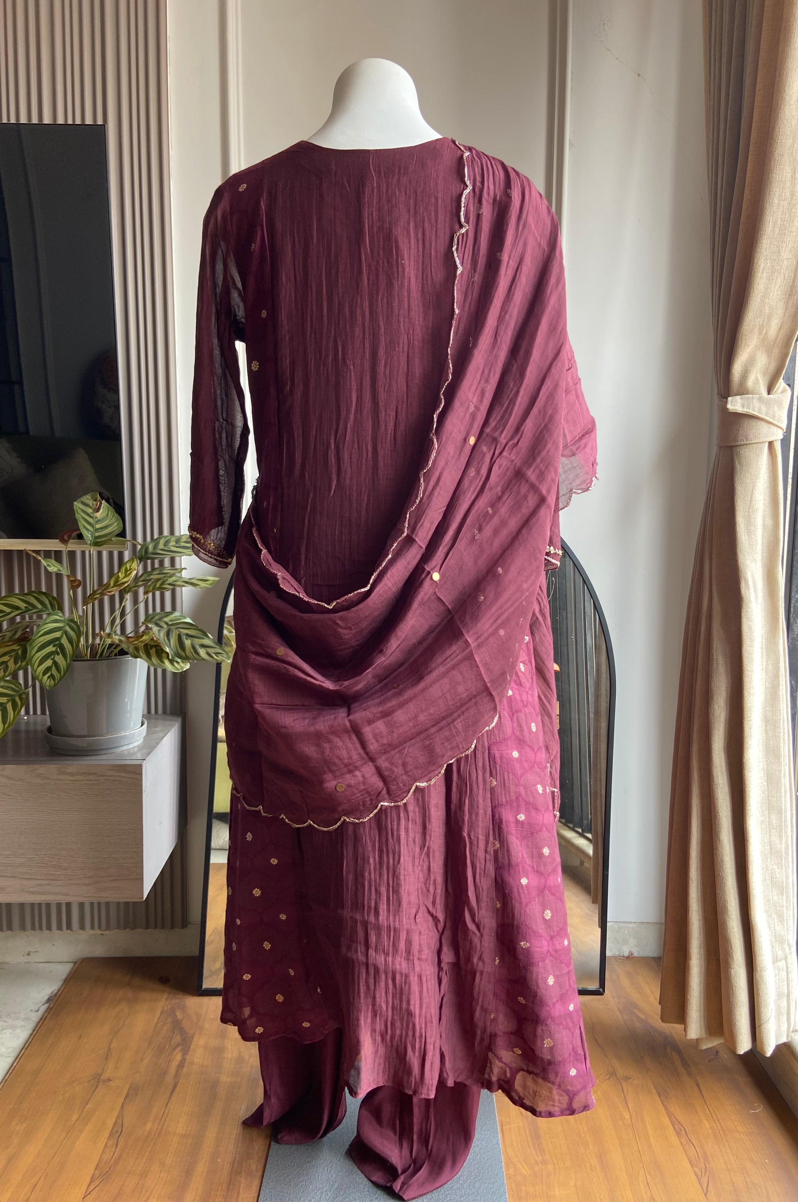 Shraddha Sai panel  pure mul Chanderi dress-wine