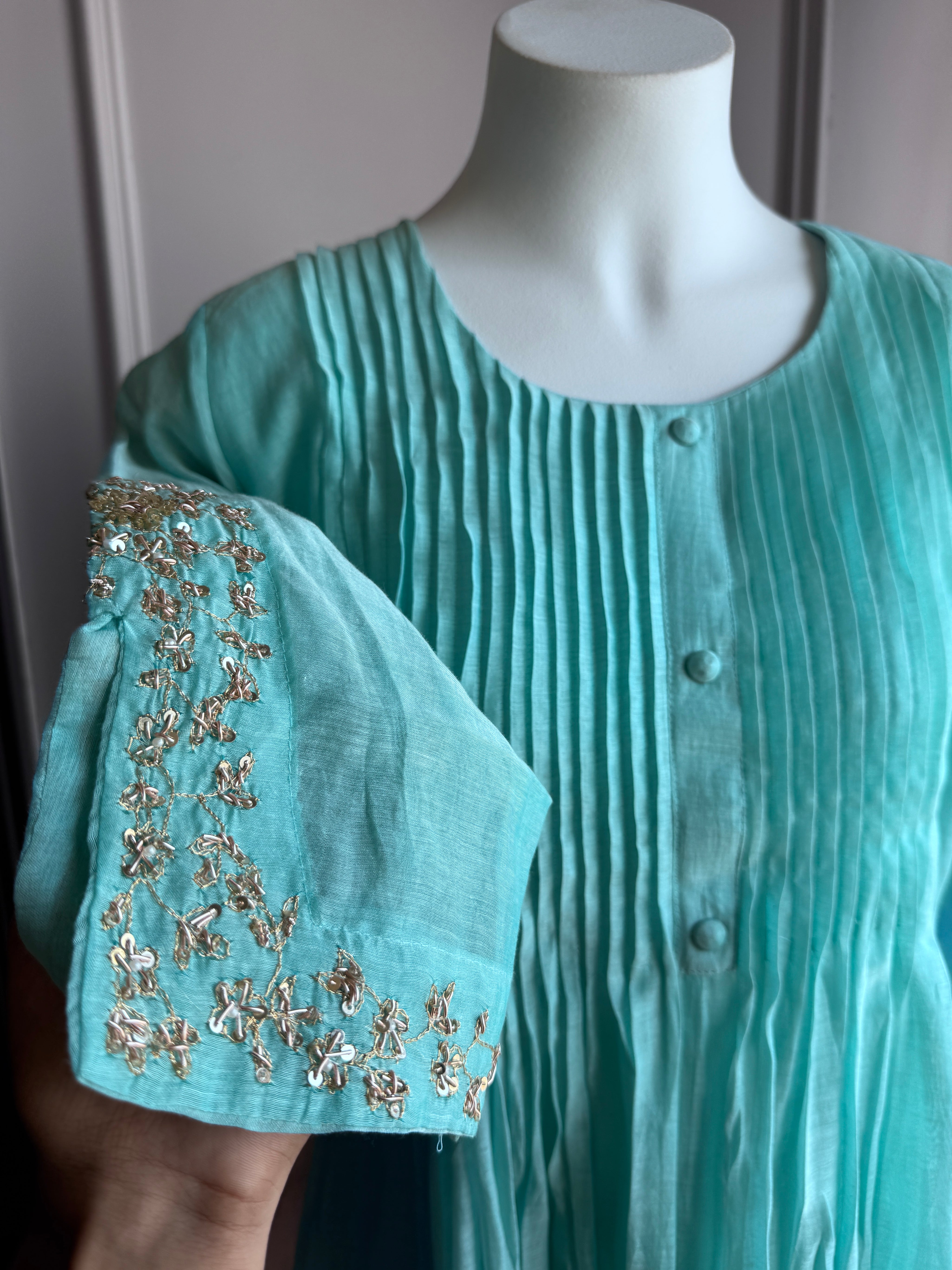 Pratibha Handwork Mul Chanderi  Dress - Sky Blue