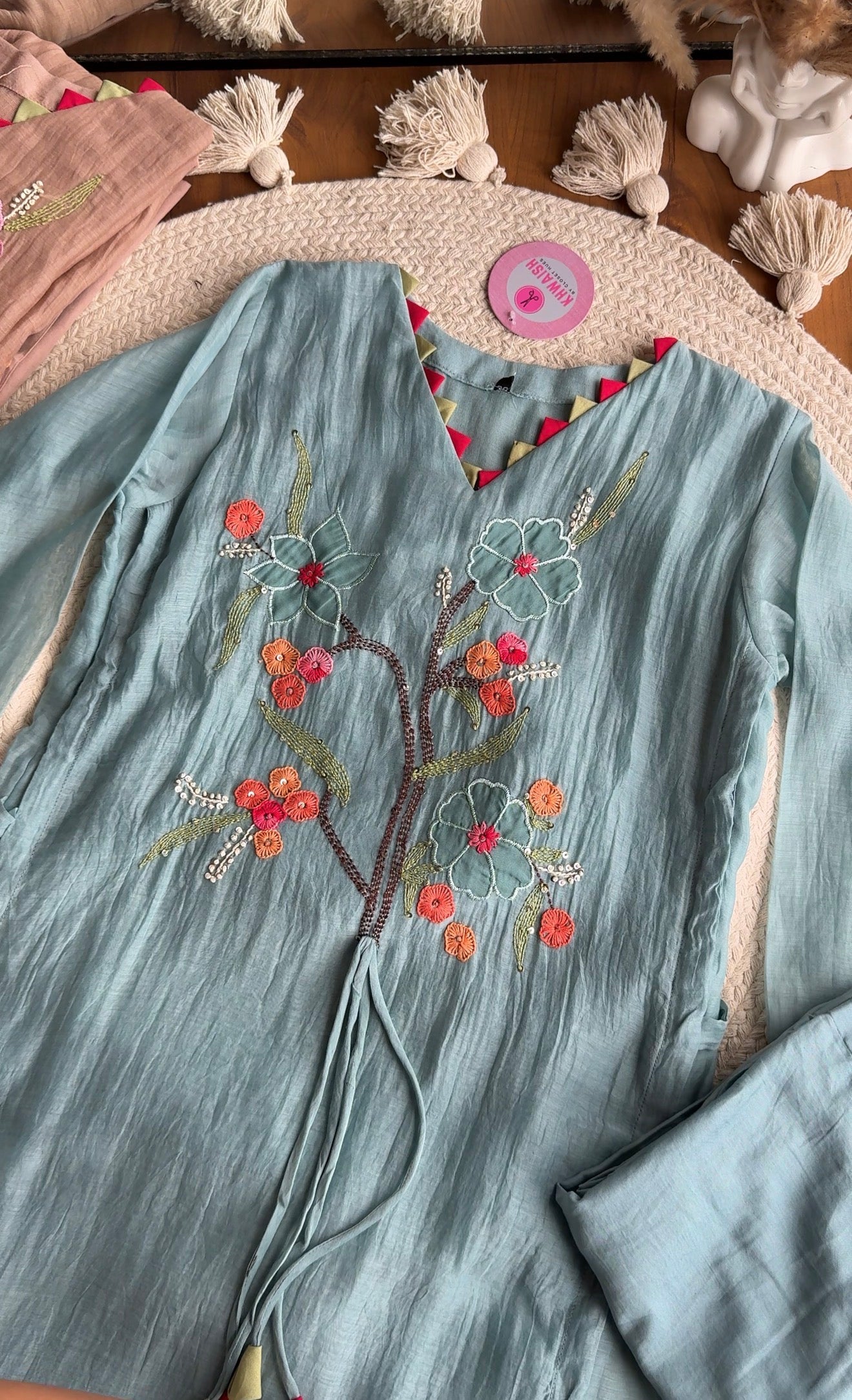 Riddhi Floral Embroidered Mul Chanderi Dress- Blue