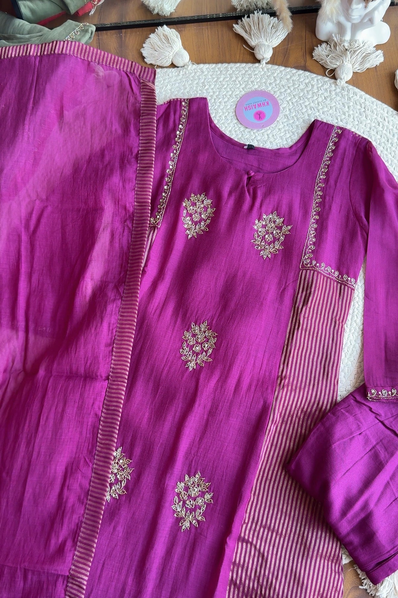 Aishwarya Striped Tissue with Mul Chanderi Dress- Wine