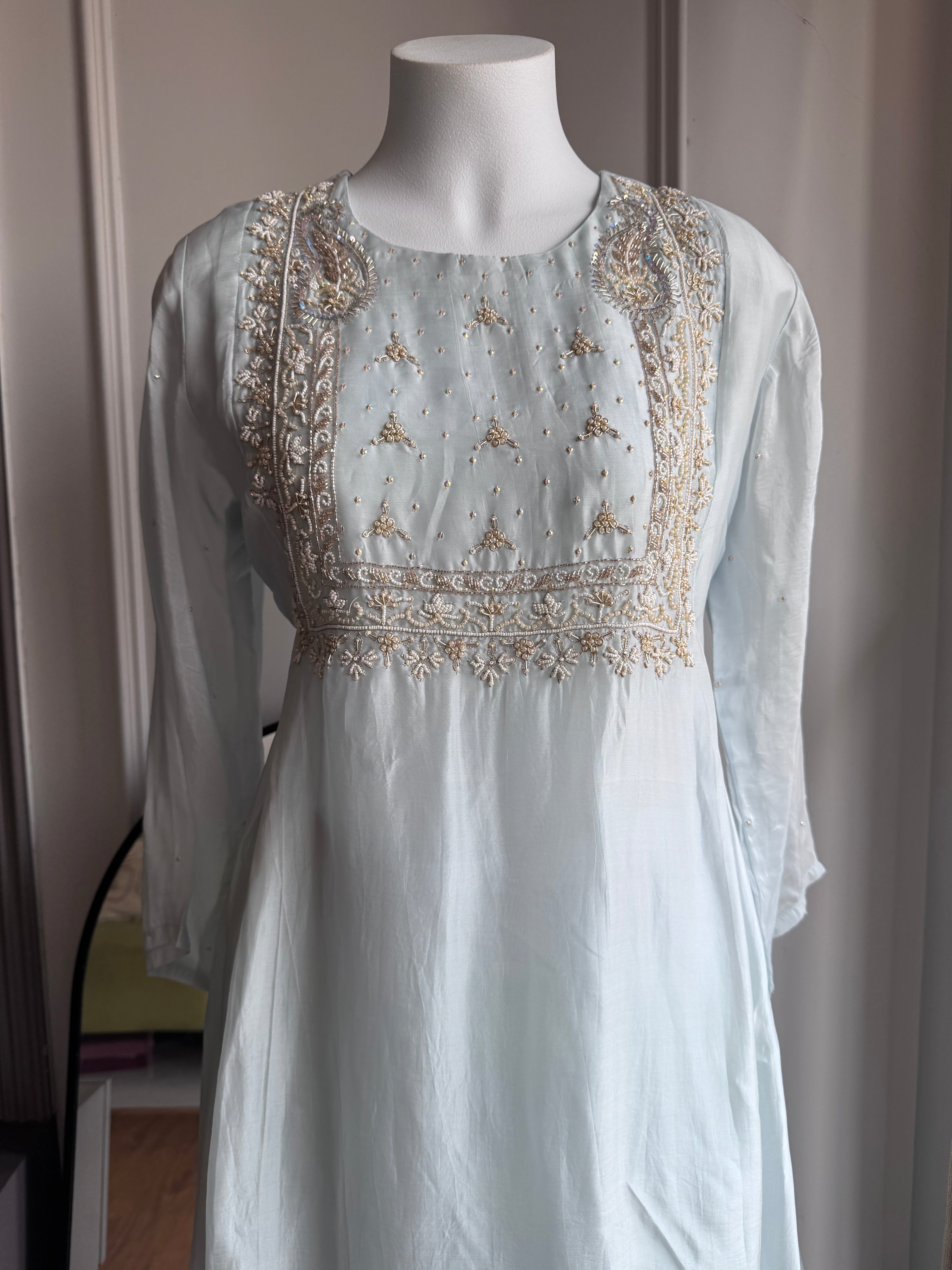 Neha Handwork Short Kurta Dress-Dusty Blue (Make to Order)