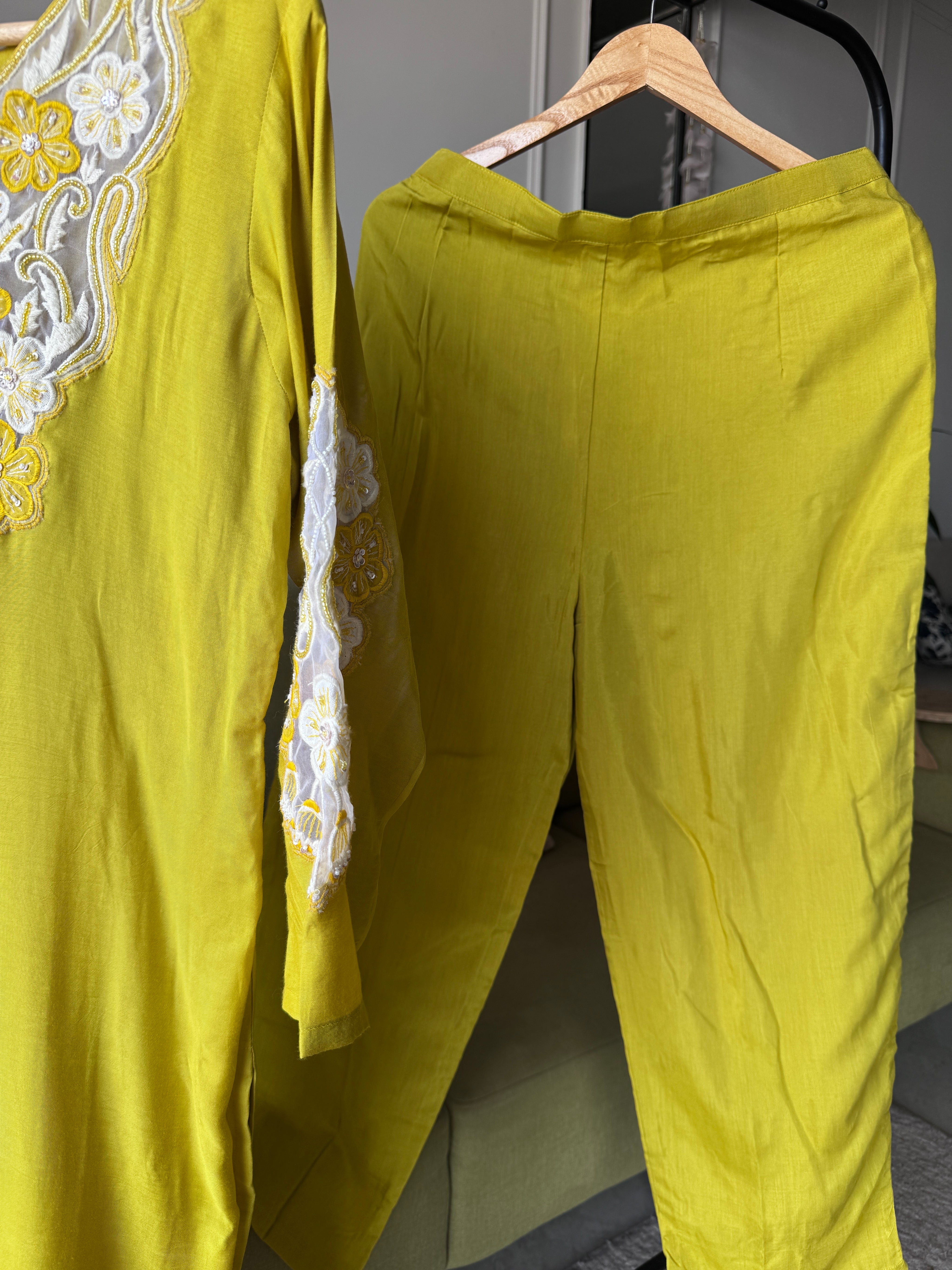 Dipti Russian Silk Handwork Dress- Yellow