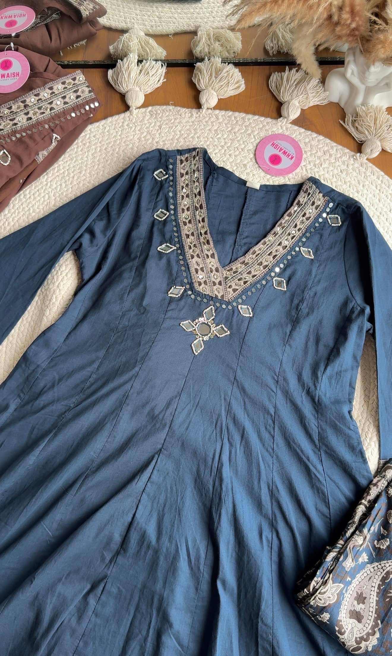 Gauri V Neck Anarkali Dress-Blue