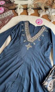 Gauri V Neck Anarkali Dress-Blue