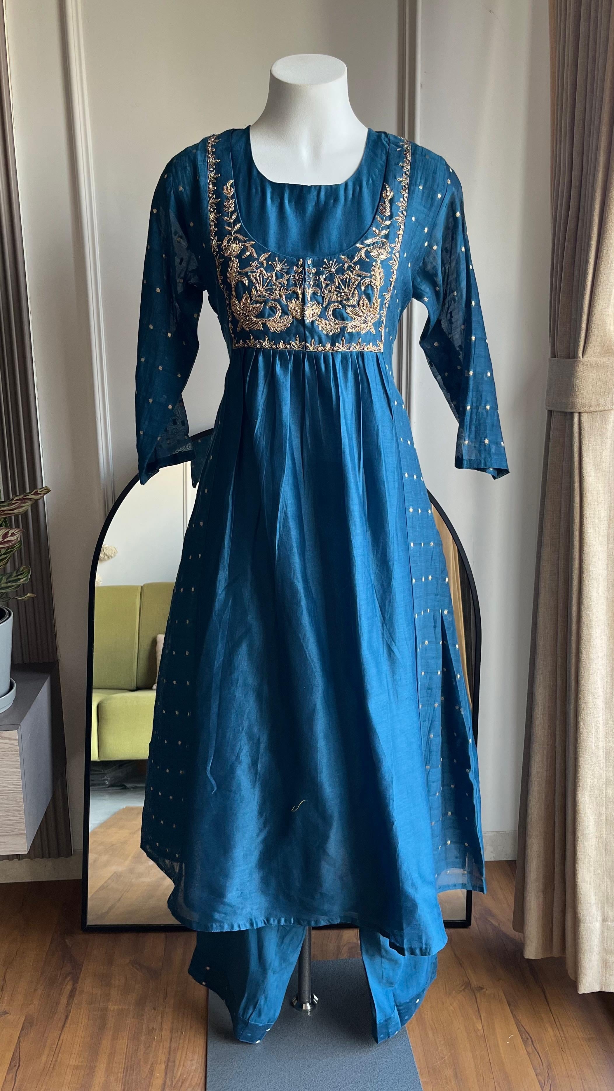 Mayra Koti Neck Handwork Dress- Blue