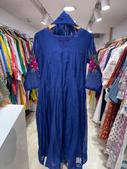 Kumkum Embroided Mul Chanderi Anarkali- Blue