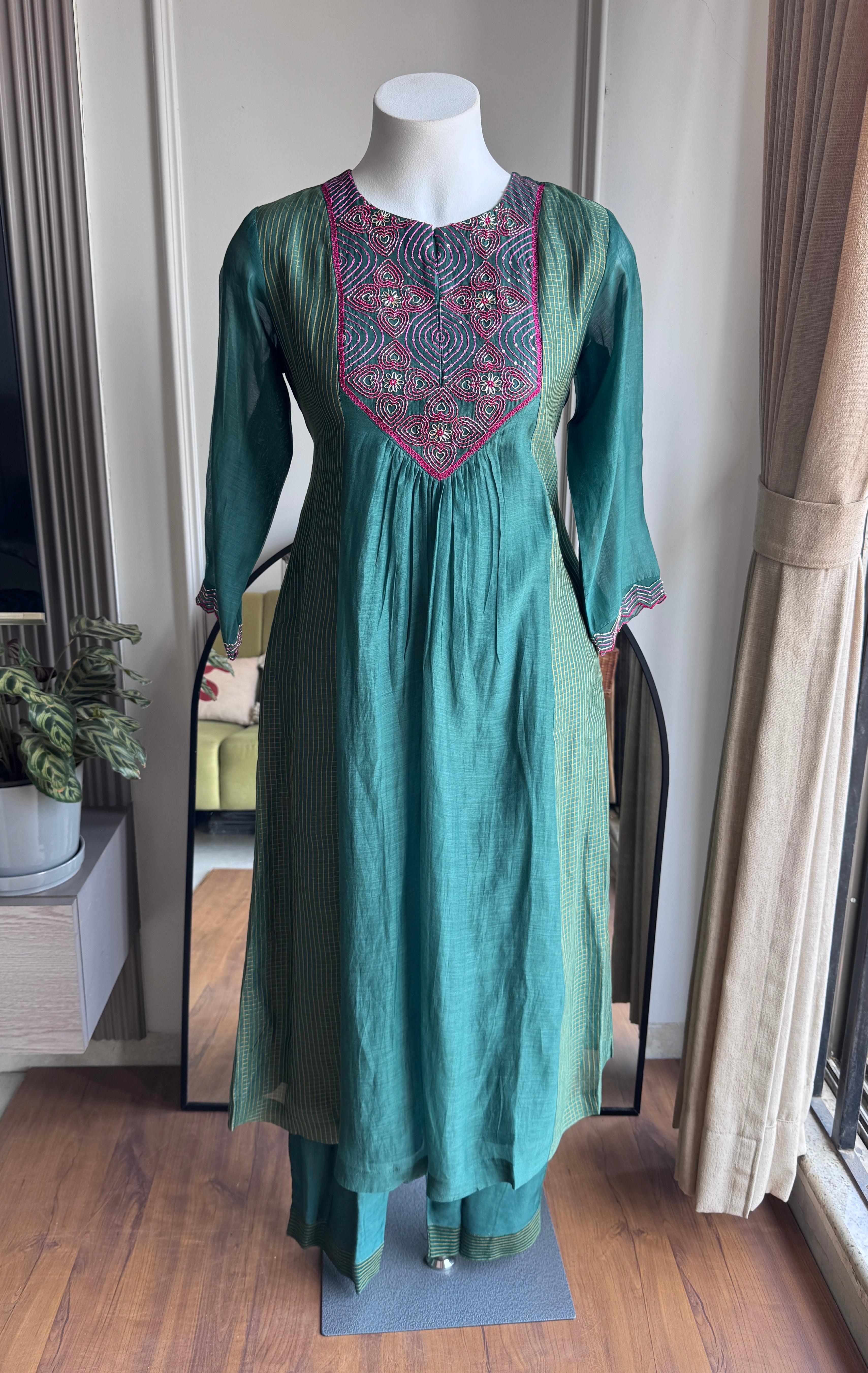 Noori Handwork Mul Chanderi Dress- Green