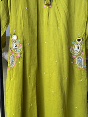 Mannat Pocket Embroided Mul Cotton Dress-Pista Green