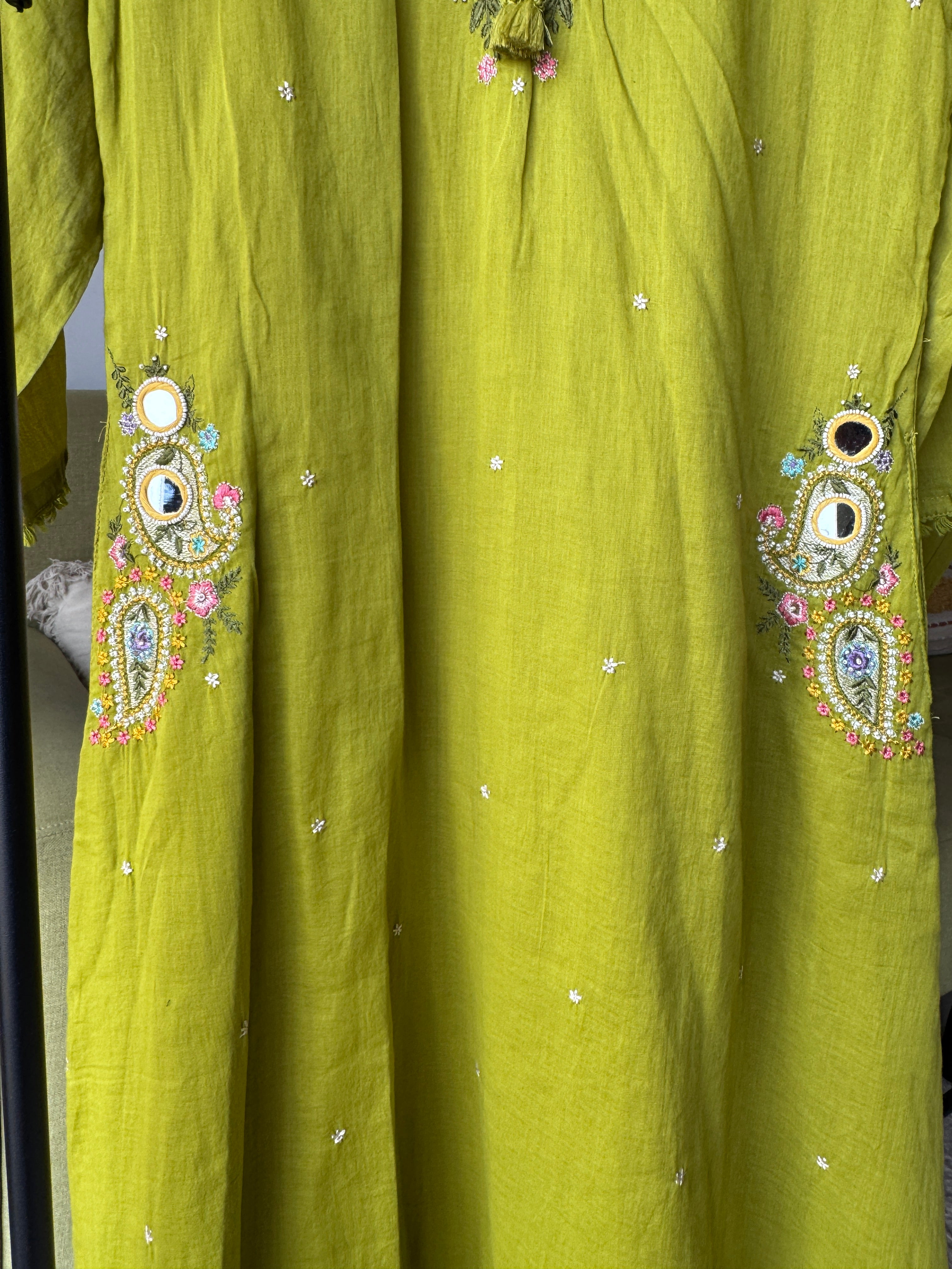 Mannat Pocket Embroided Mul Cotton Dress-Pista Green