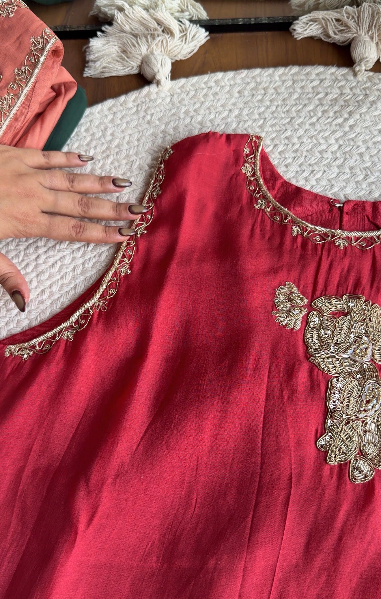 Siona Short Kurta Hand Work Dress With Sleeve Option- Rust
