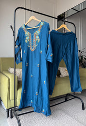 Shilpa Embroided Mul Chanderi Dress-Blue