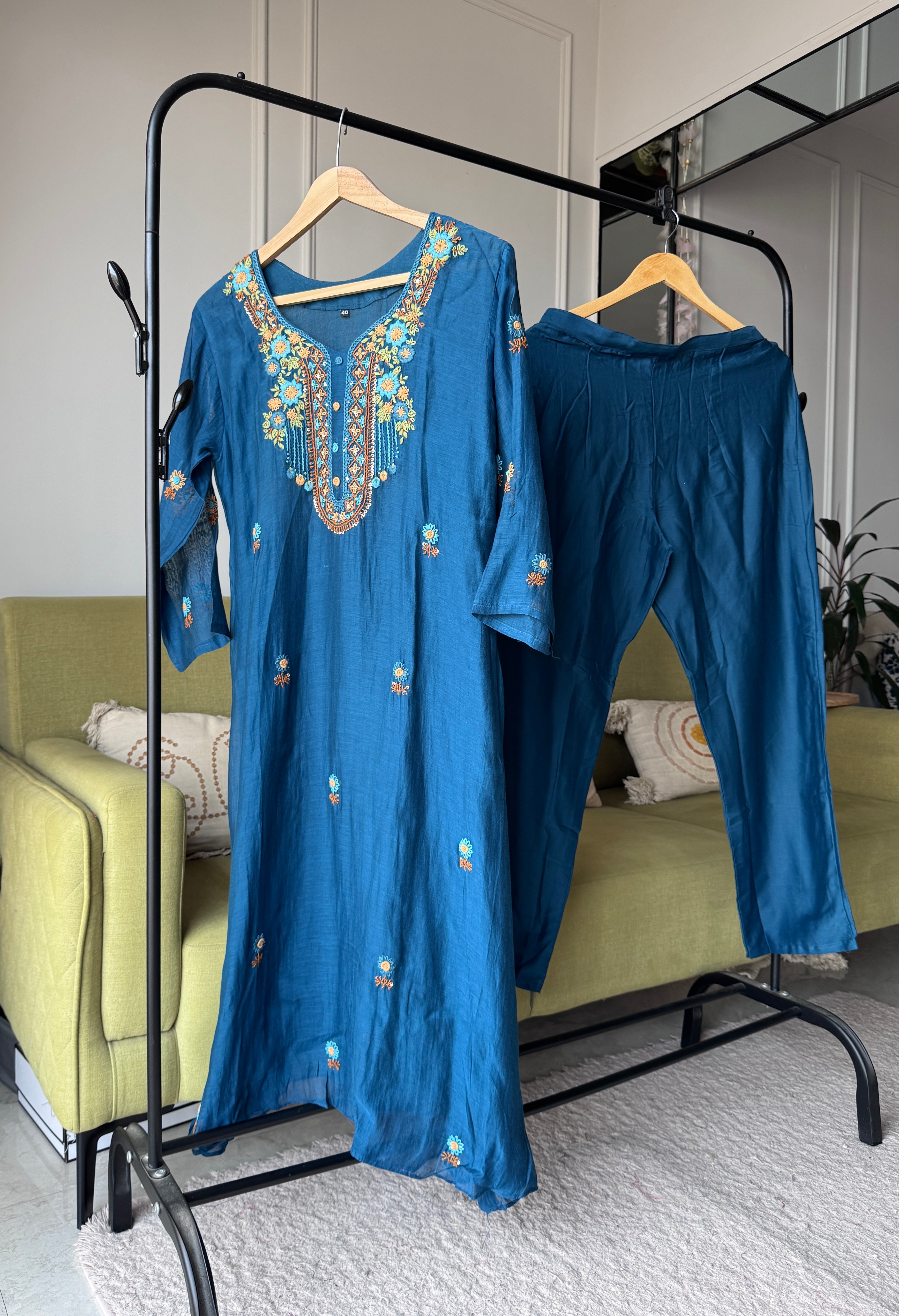 Shilpa Embroided Mul Chanderi Dress-Blue