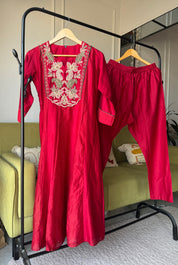Rinki Handwork Mul Chanderi Dress- Red