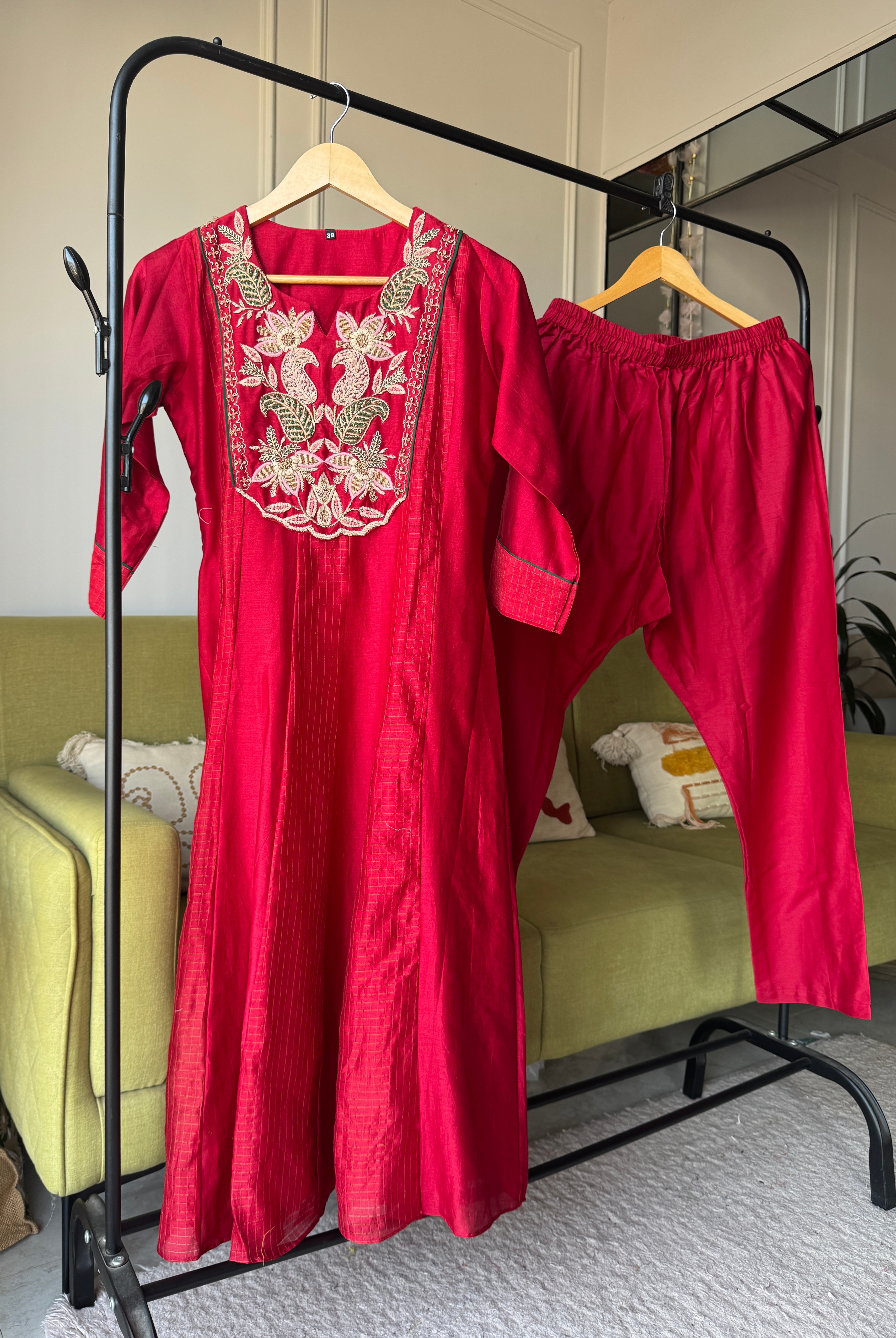 Rinki Handwork Mul Chanderi Dress- Red