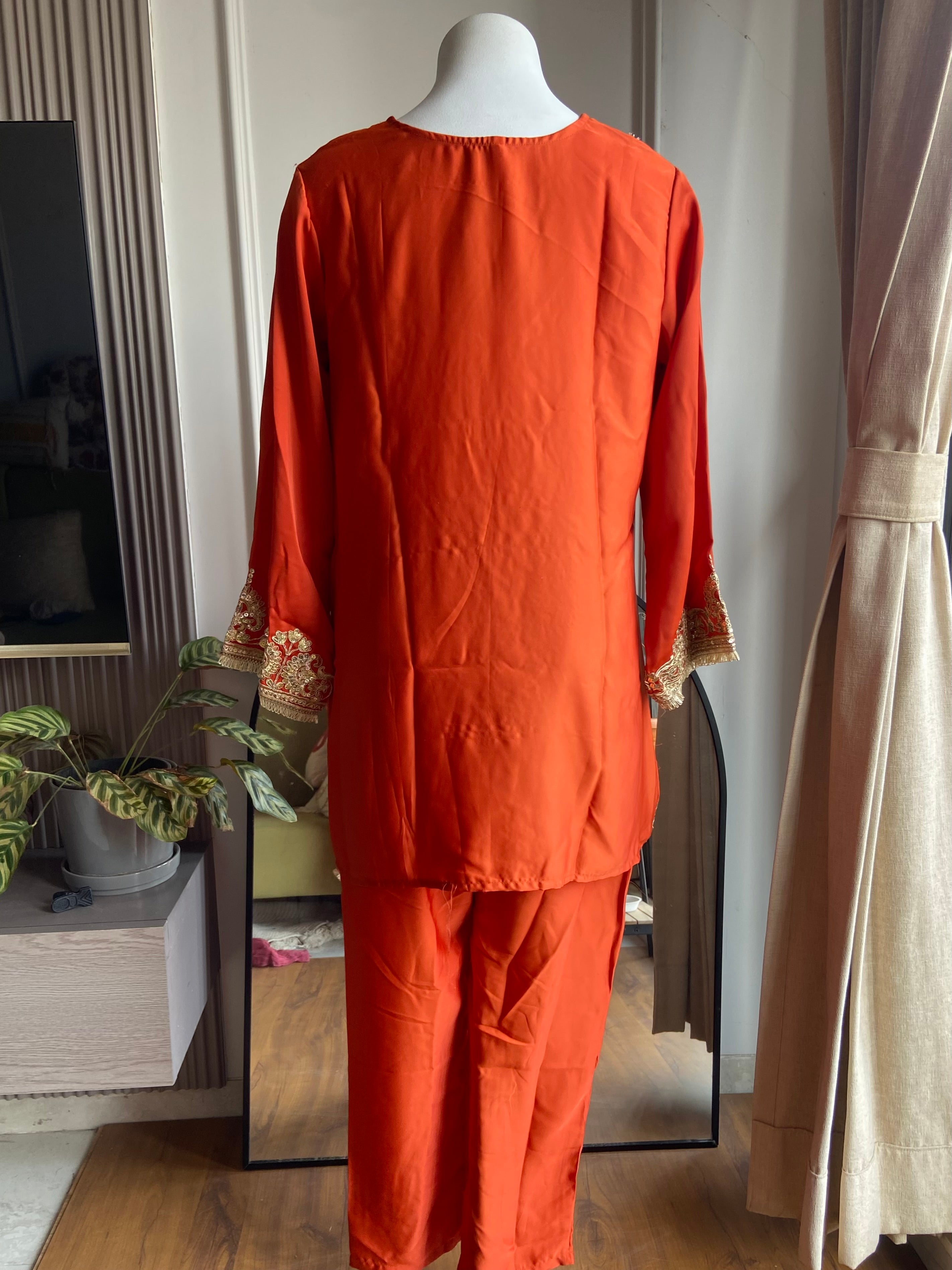 Sejal Machine Embroidery Dress- Rust