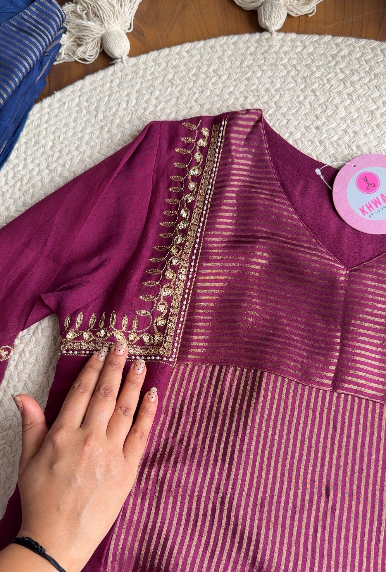 Suri Handwork Mul Chanderi Dress-Wine