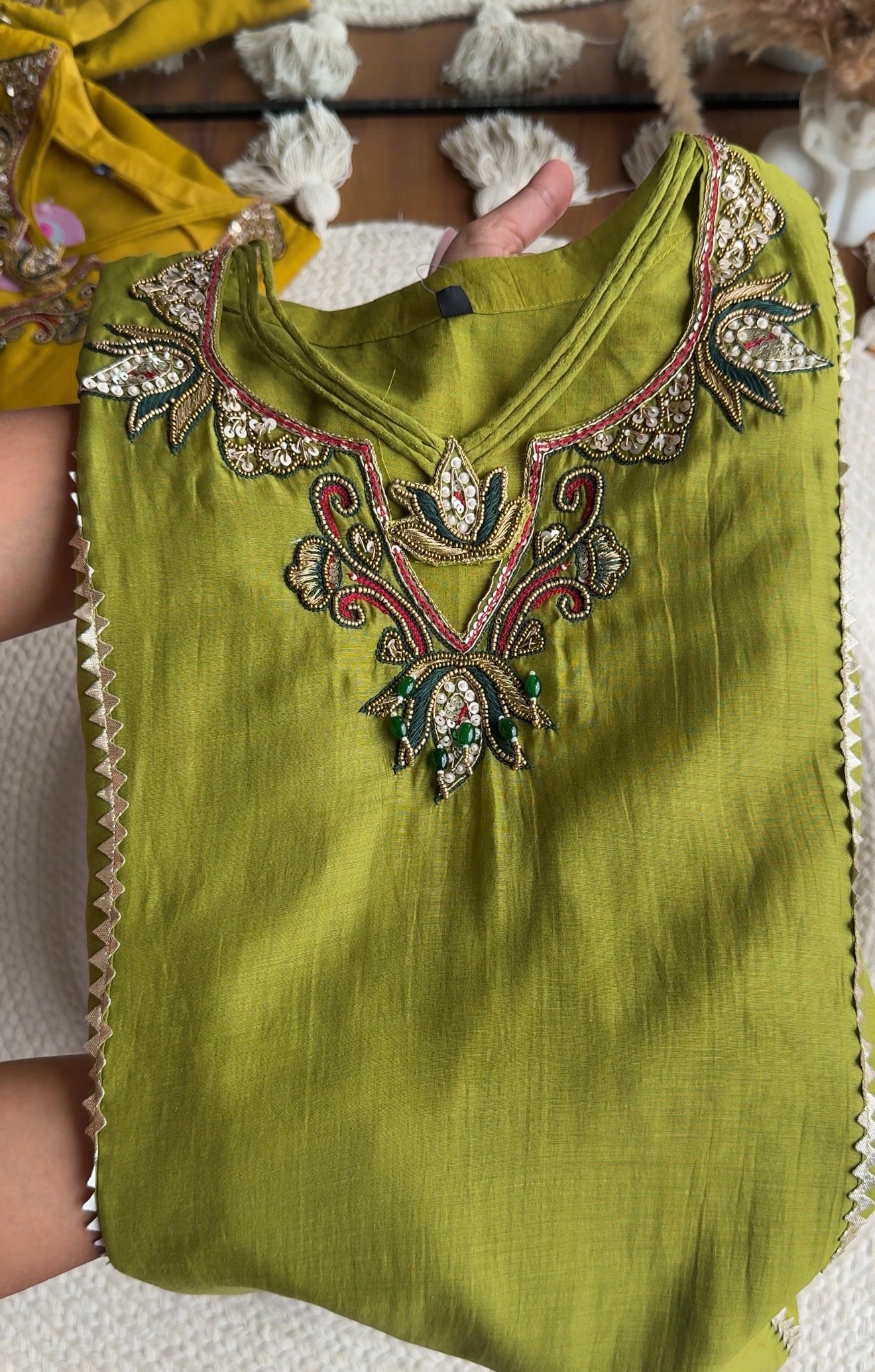 Pooja Necklaces Mul Chanderi Dress-Green