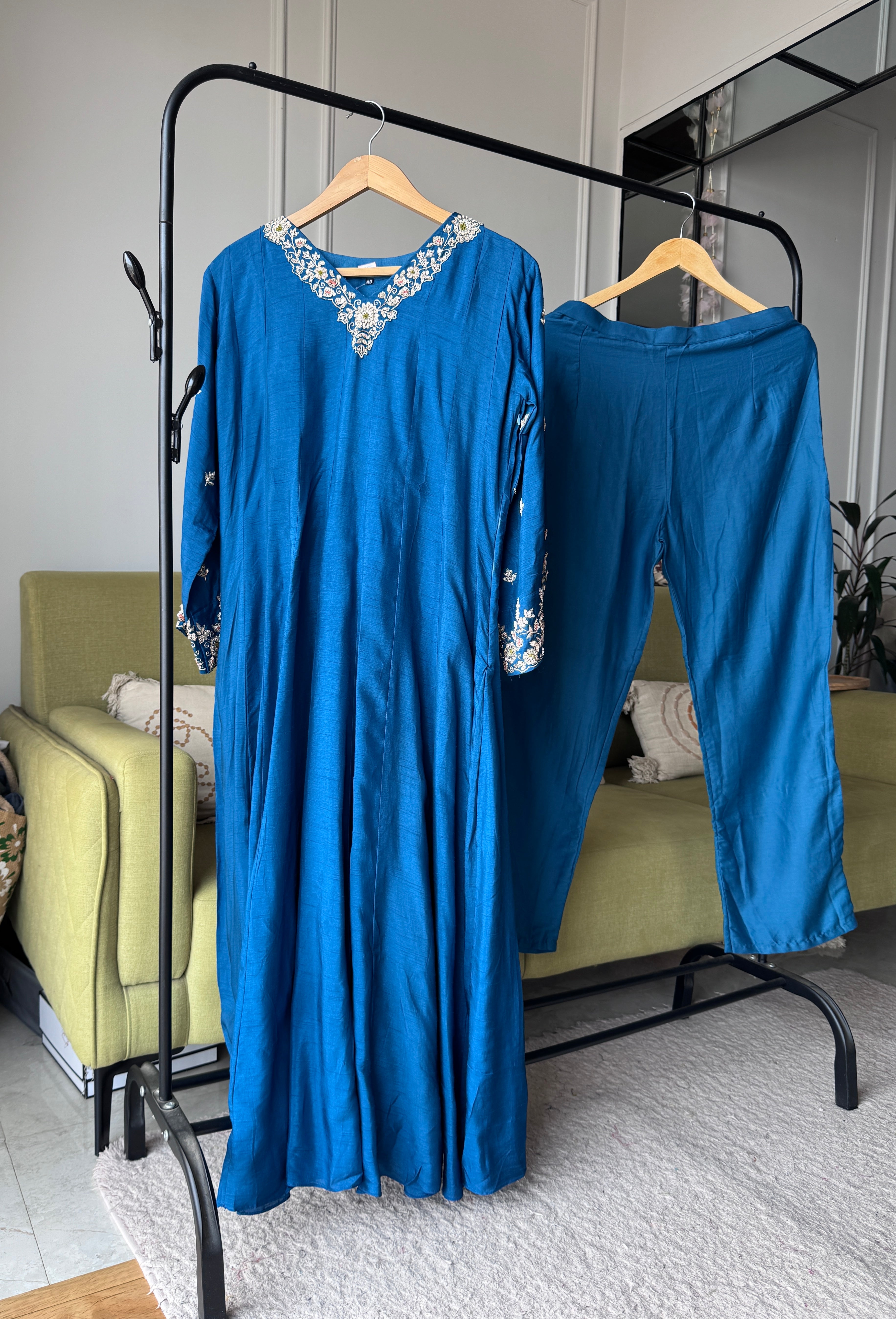 Kajal Handwork Mul Chanderi Anarkali Dress-Blue