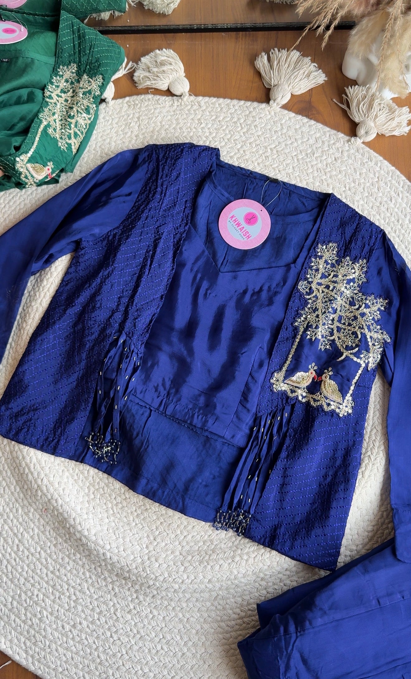 Yashasvi Crop Top With Fringe Jacket And Plazzo- Blue