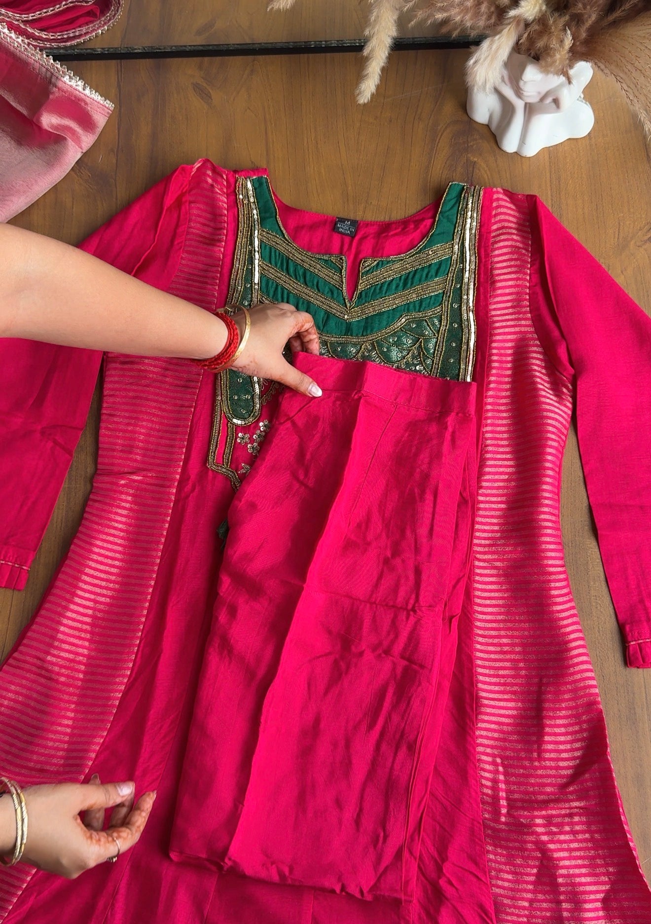 Shanaya Handwork Mul Chanderi With Tissue Stripe Dress- Pink