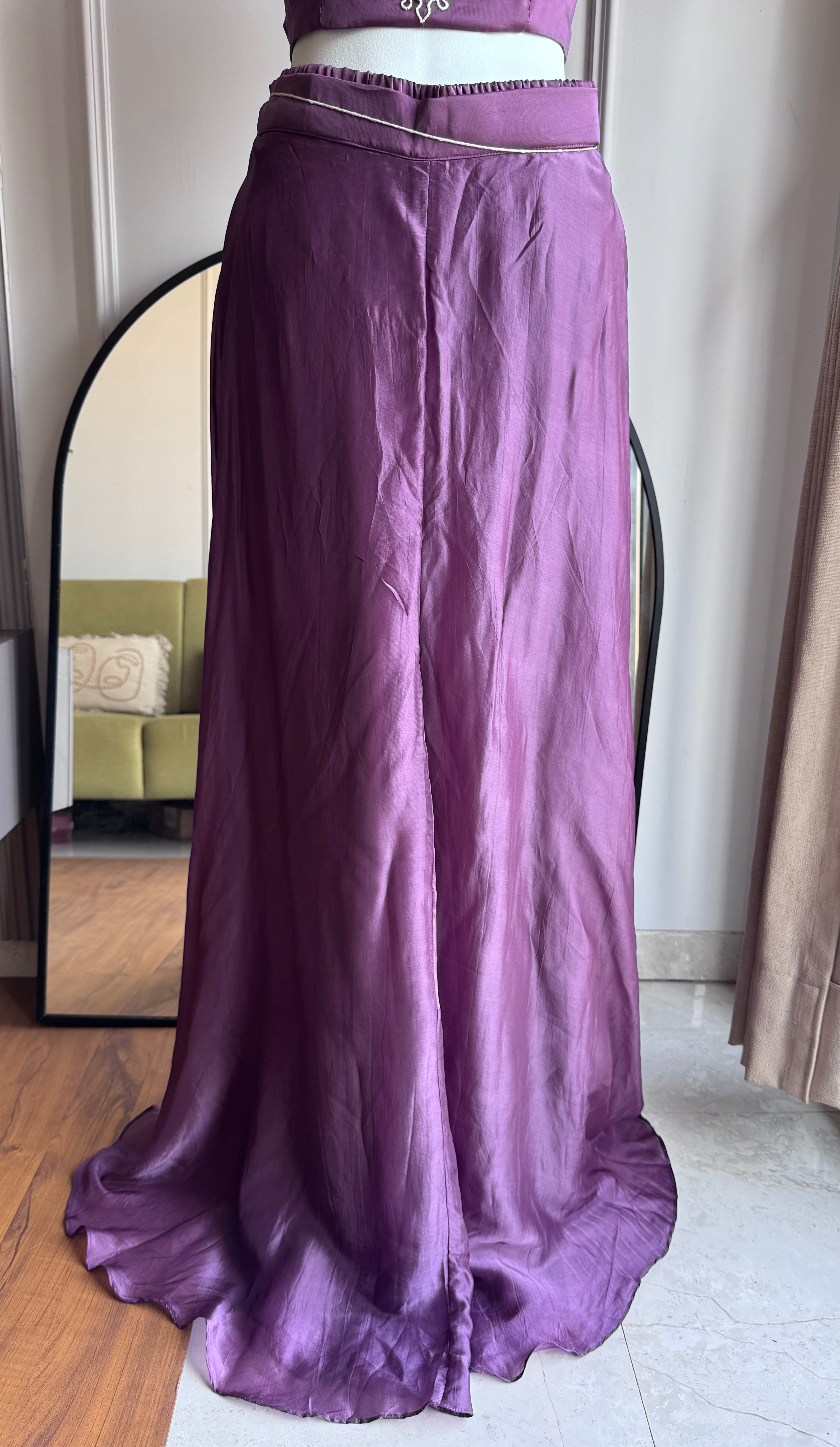 Zheel Handwork Bustier With Short Kurta And Plazzo Pants- Purple (Make to Order)