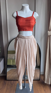 Karishma High Low Top With Padded Blouse And Tulip Pants- Rust