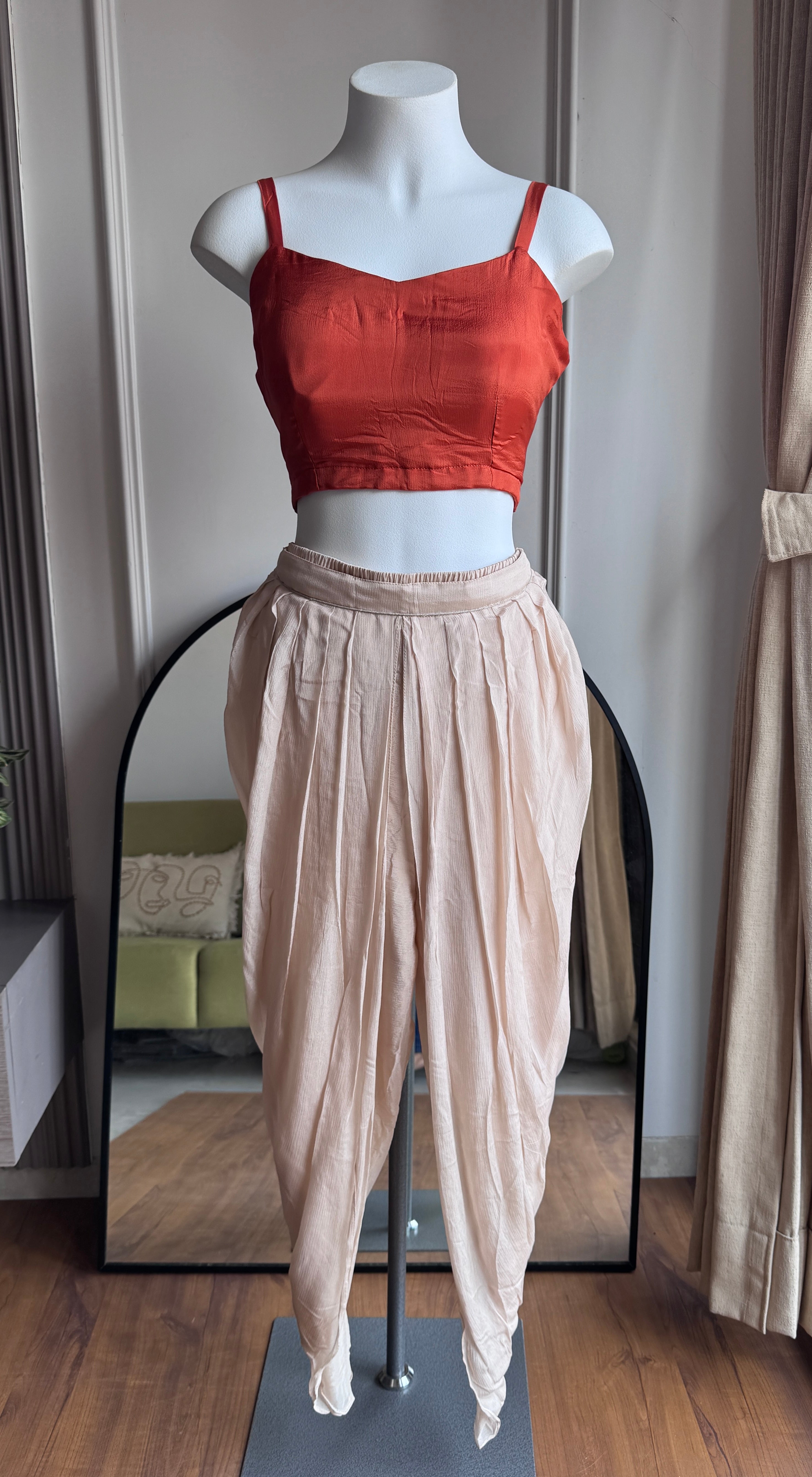 Karishma High Low Top With Padded Blouse And Tulip Pants- Rust