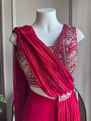 Rina Handwork Draped Sare with Plazzo Set- Maroon
