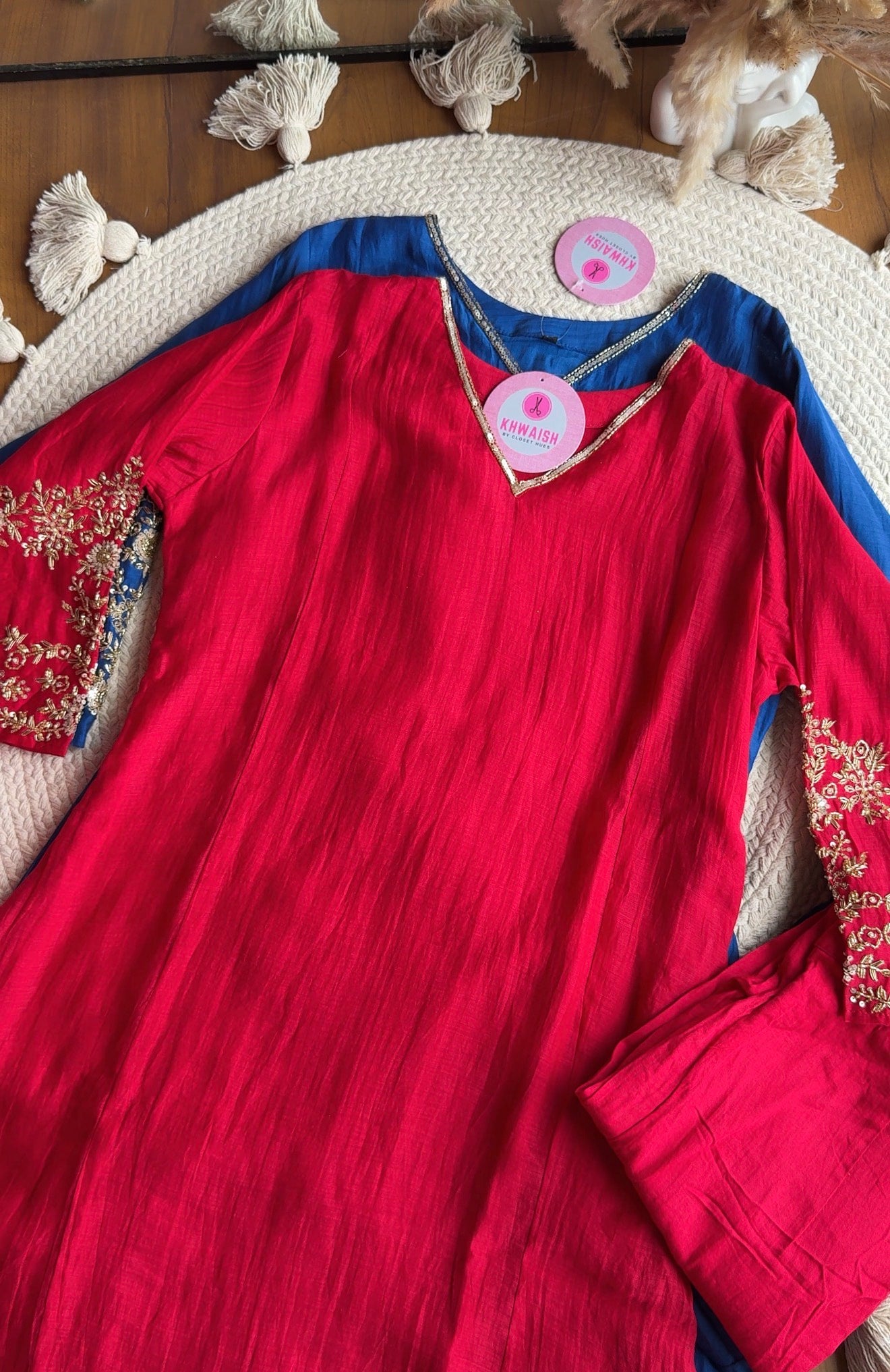 Naina Handwork Mul Chanderi Dress-Red ♥️