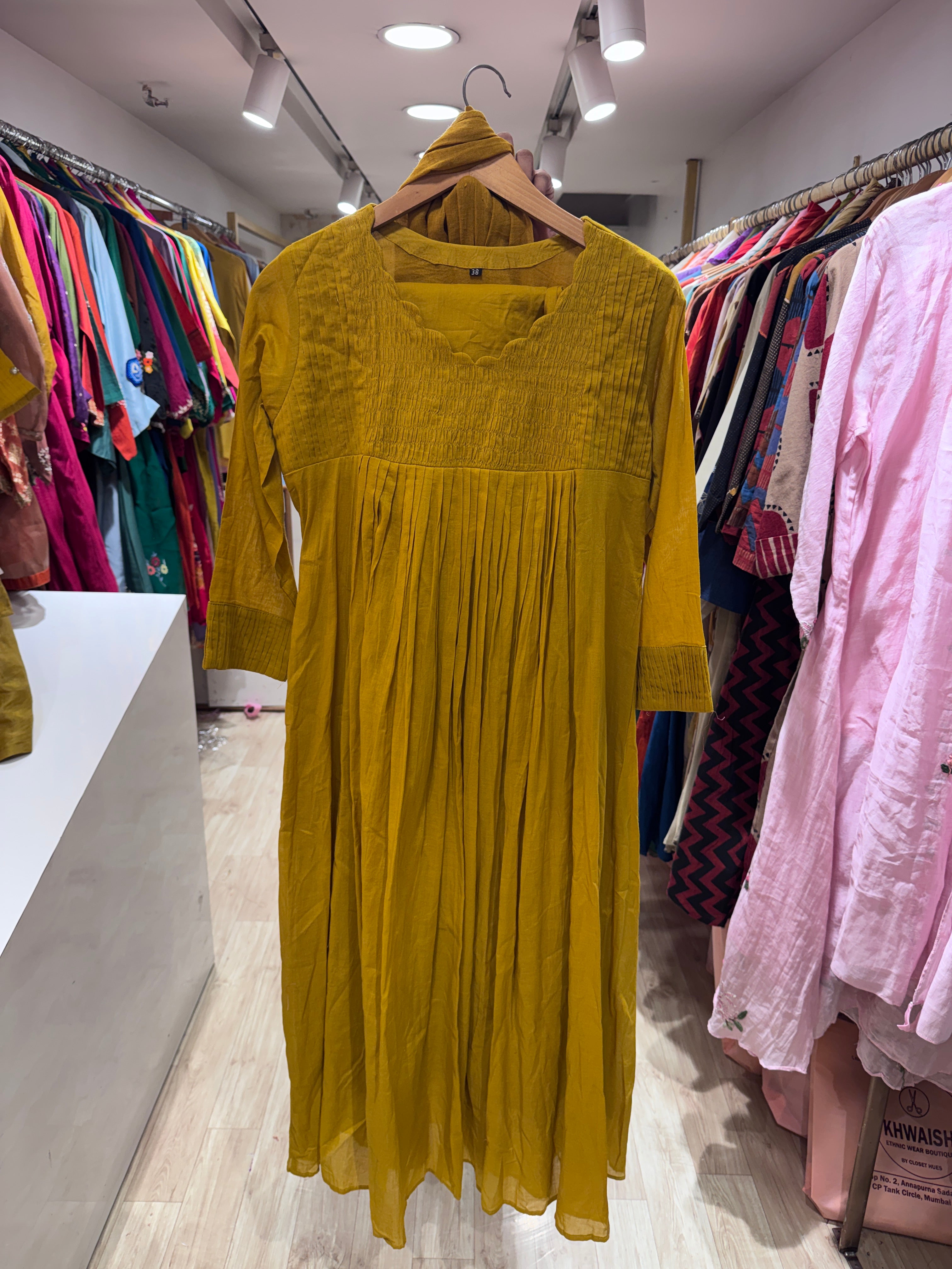 Kareena Scalloped Neck Anarkali Dress-Musturd