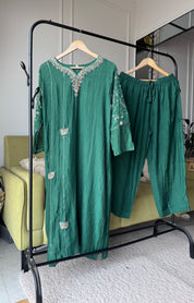 Megha Handwork Mul Chanderi Dress- Green