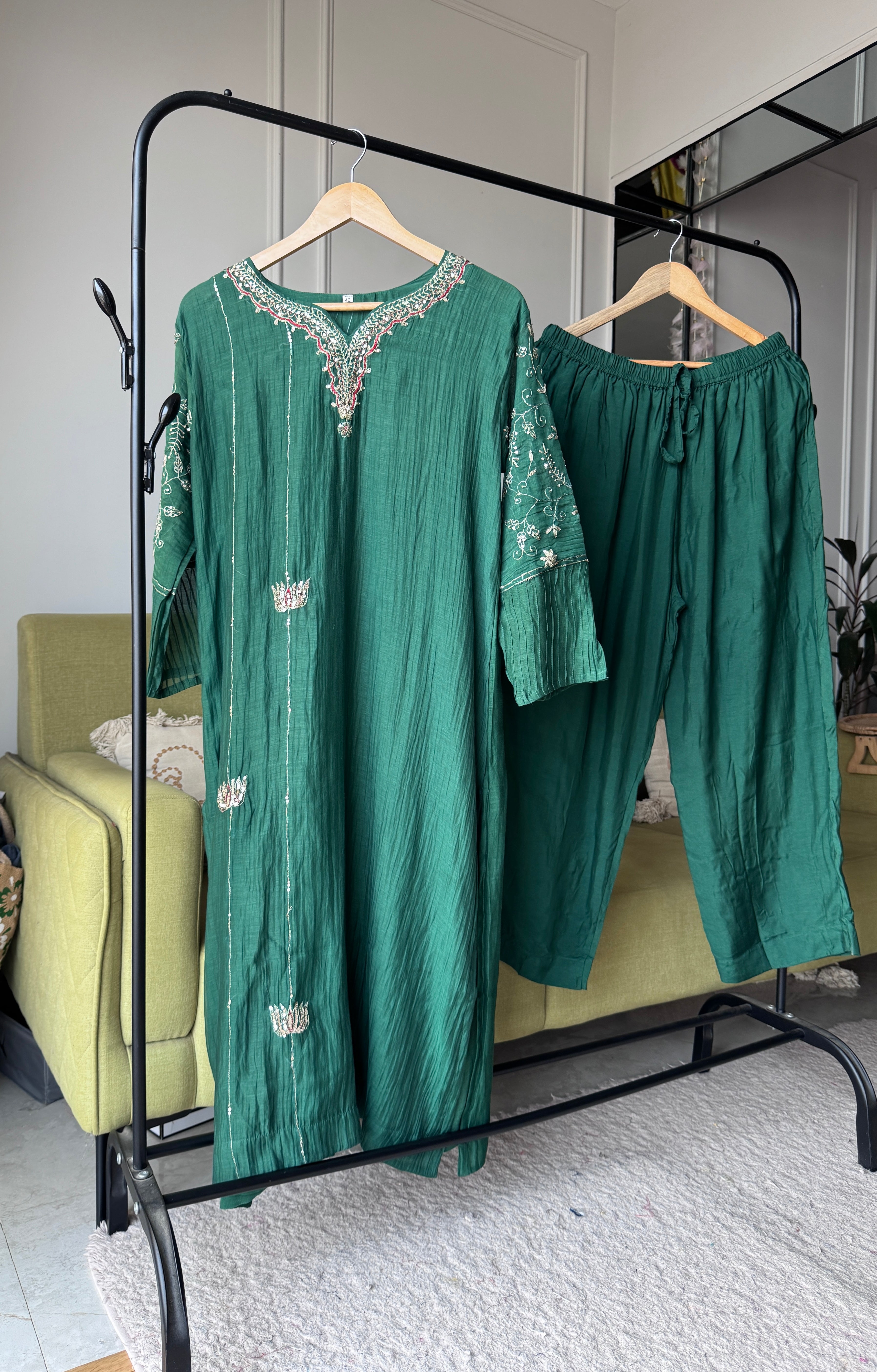 Megha Handwork Mul Chanderi Dress- Green