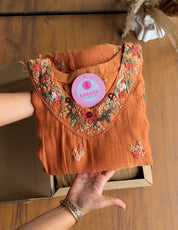Kiran floral katha Mul Chanderi Anarkali Dress-Orange