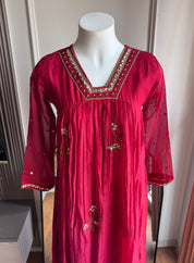 Nishtha Handwork Mul Chanderi Aline Dress- Maroon