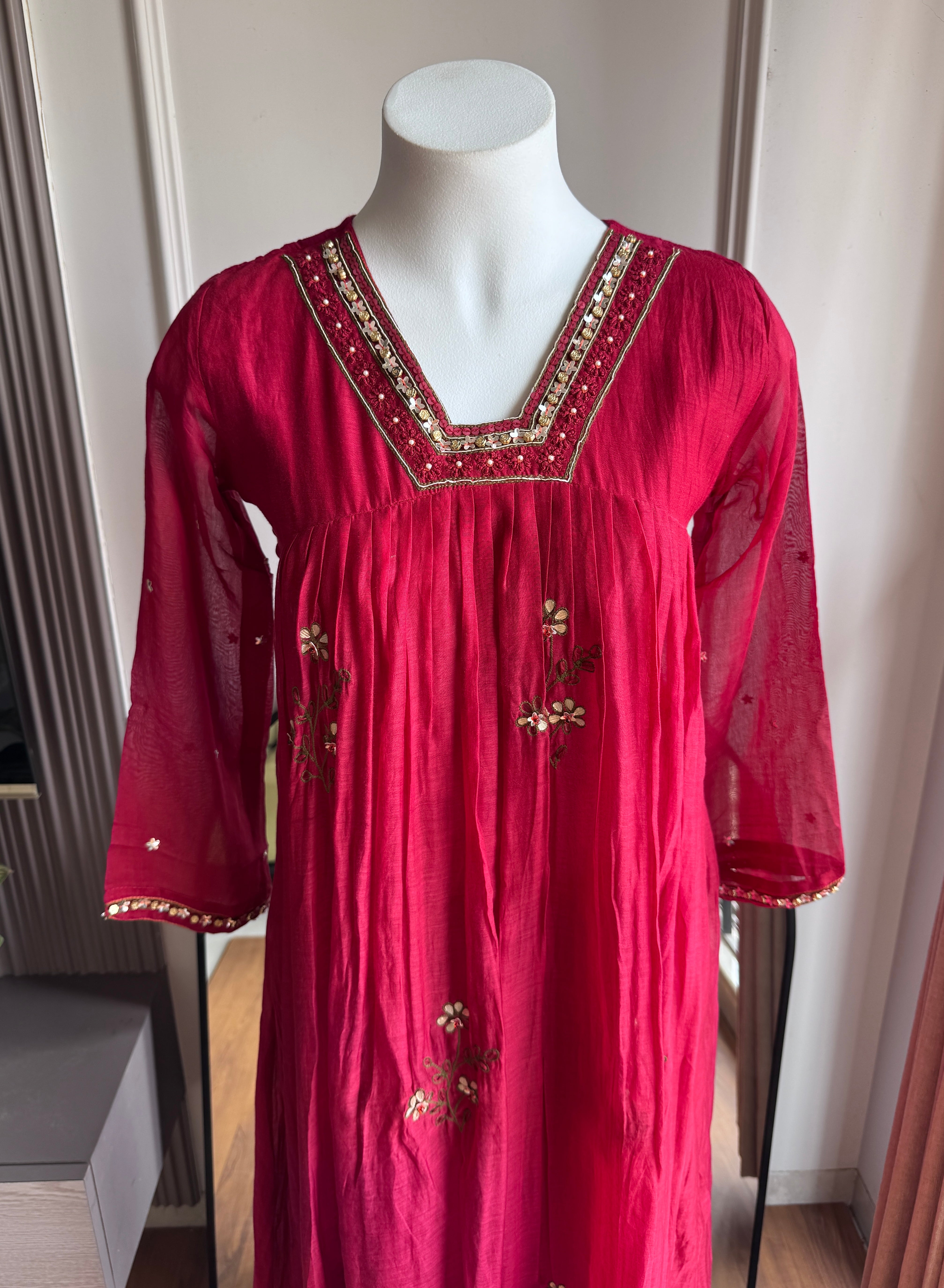 Nishtha Handwork Mul Chanderi Aline Dress- Maroon