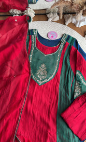 Kaushalya Colour Blocking Hand Work Aline Dress-Red