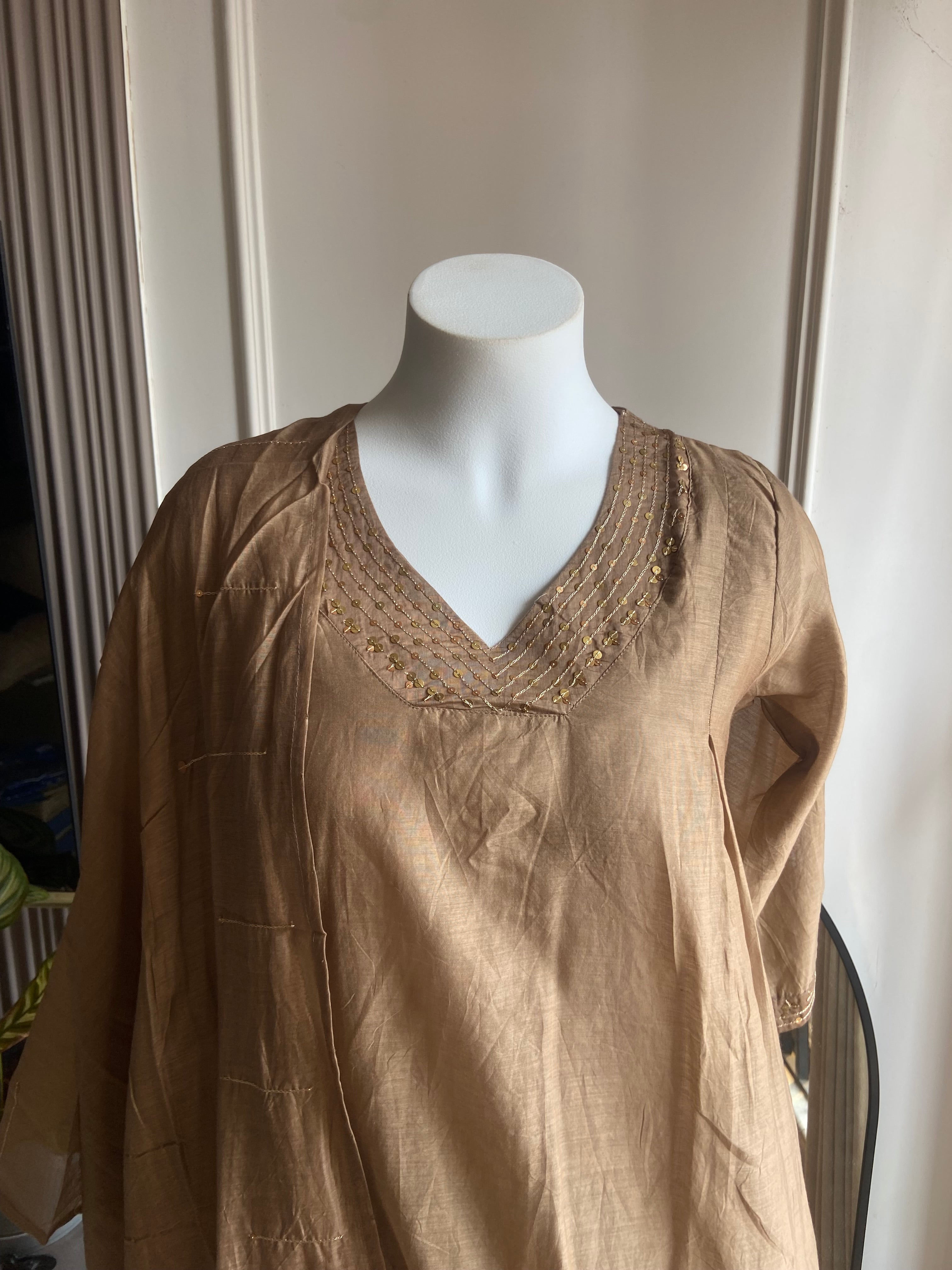 Gaurishika thread detailing mul  Chanderi dress- Beige