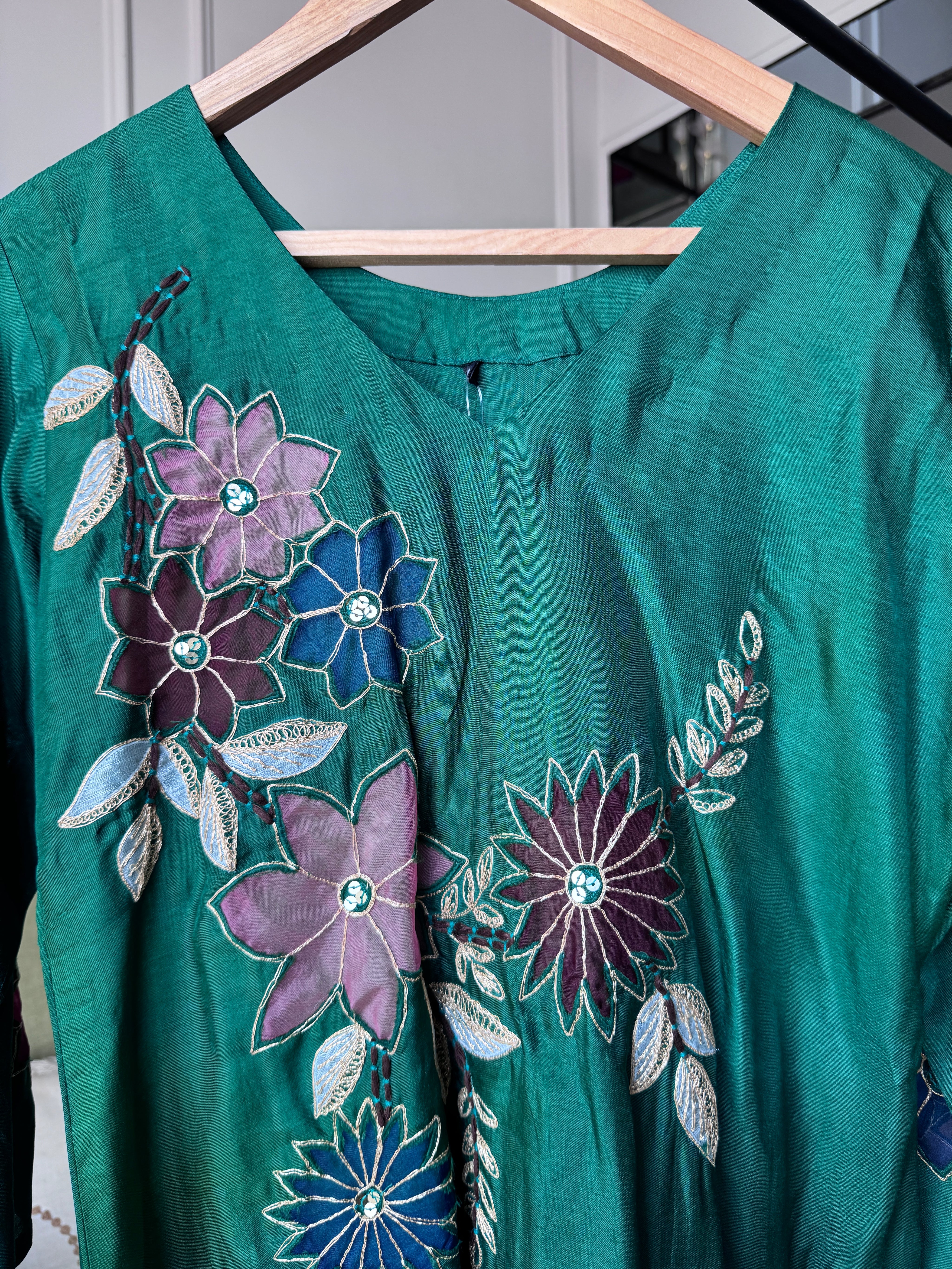 Kriti Russian Silk Embroided Dress- Green