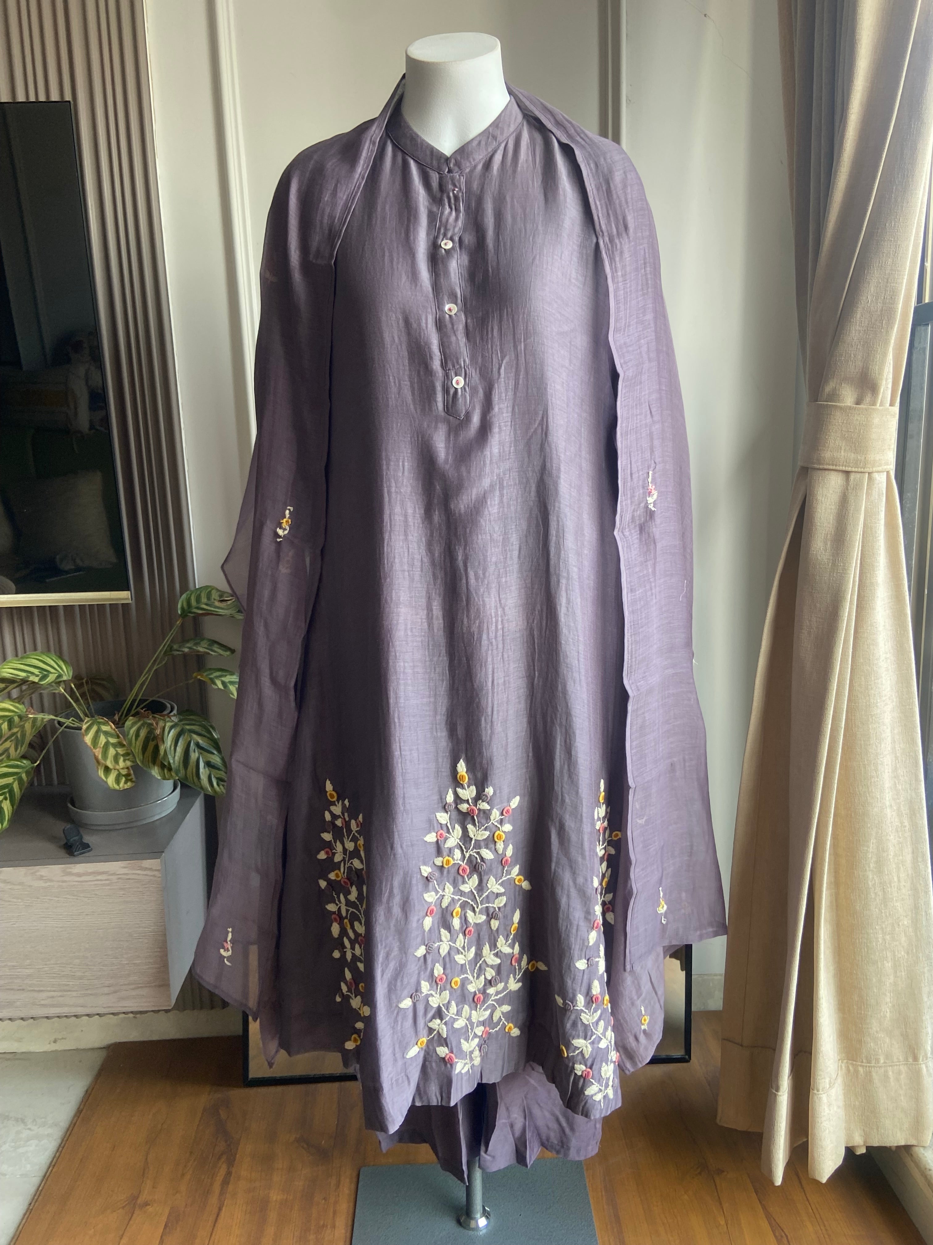Vaishali Embroided Mul Chanderi Dress- Grey