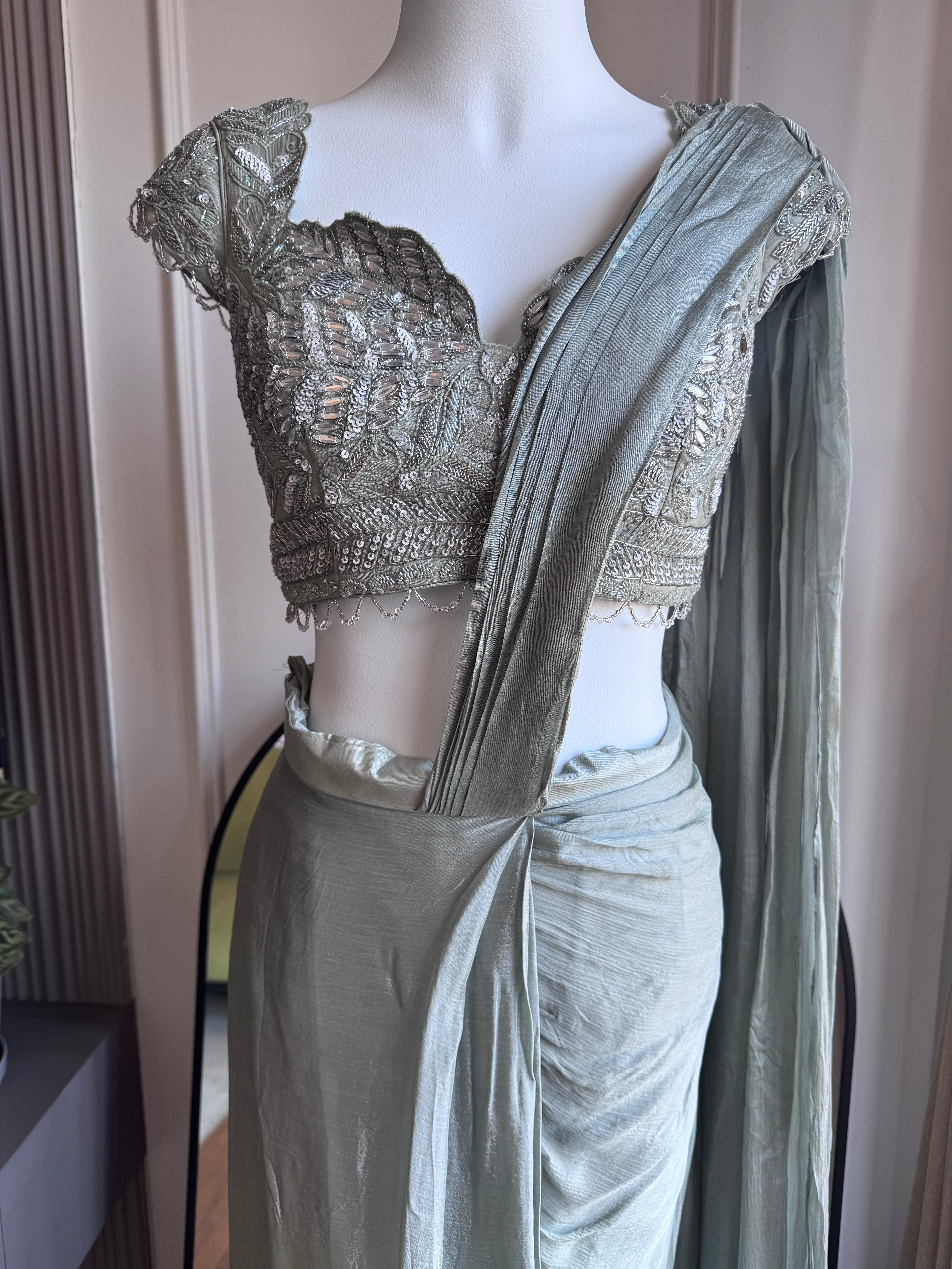 Anjali Handwork Drape Saree Set- Mint Green