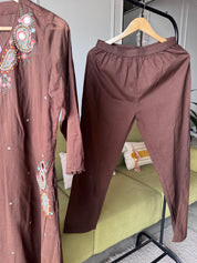 Mannat Pocket Embroided Mul Cotton Dress- Brown