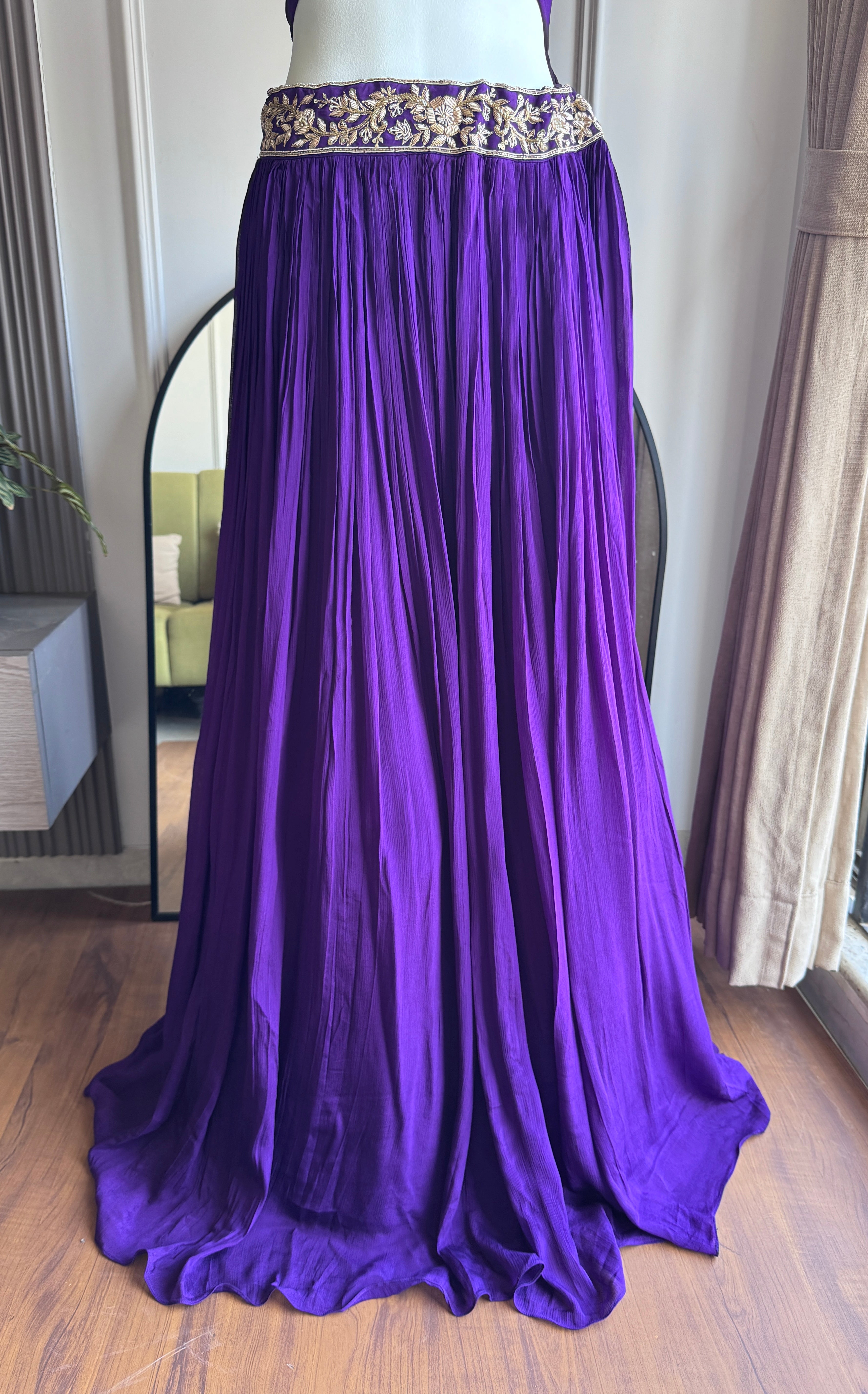 Sita Hand work padded blouse with cancan Lehenga and cover up - Purple (Make to Order)